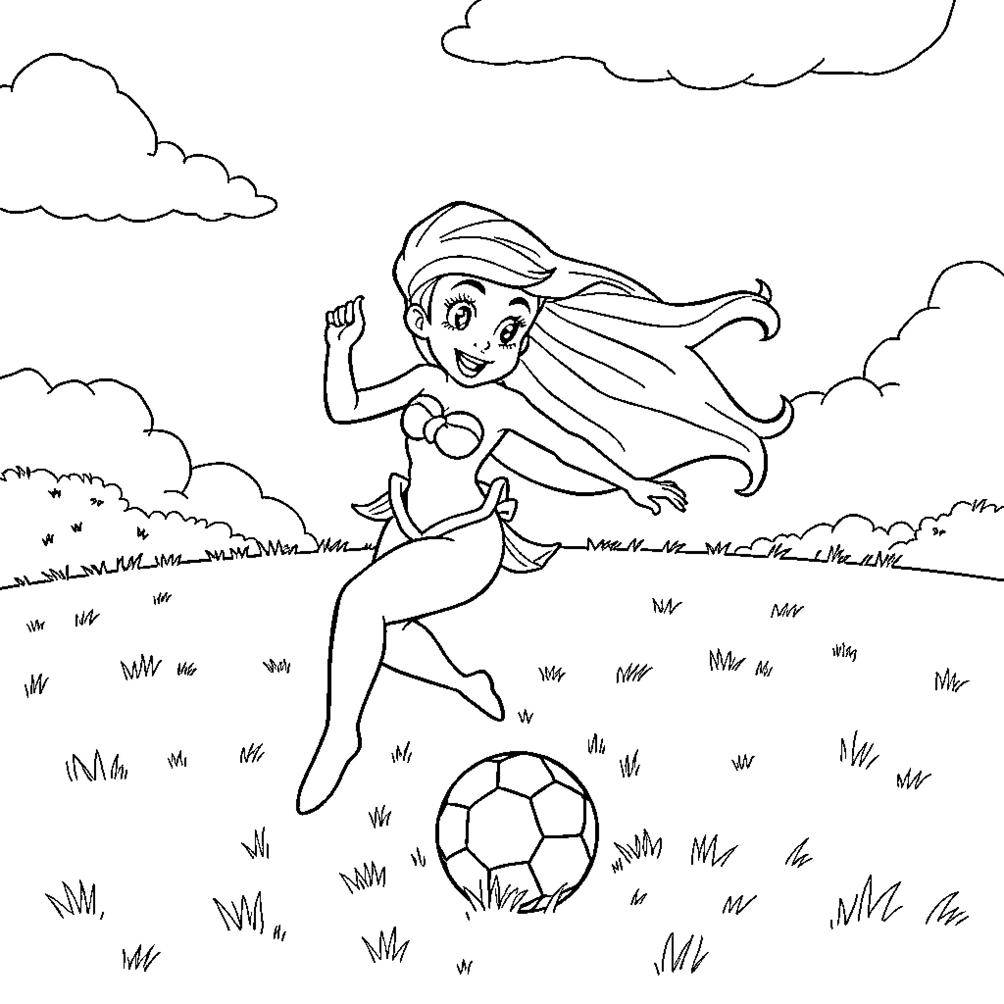 Ariel playing with a soccer ball in the meadow Coloring Page (free black-and-white line drawing printable PDF for all, from beginners to advanced learners, including children, teens, adults, and seniors)