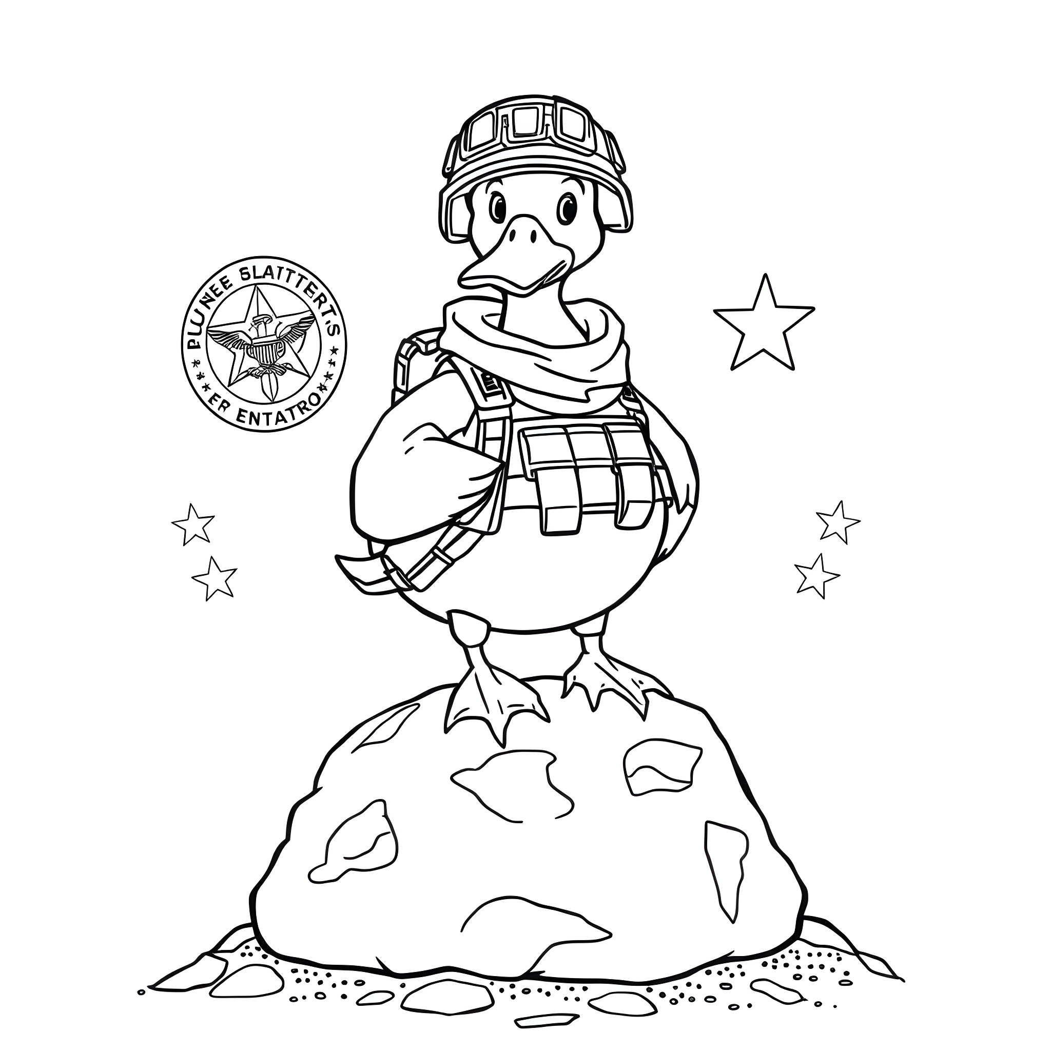 Duck astronaut exploring the moon Coloring Page (free black-and-white line drawing printable PDF for all, from beginners to advanced learners, including children, teens, adults, and seniors)