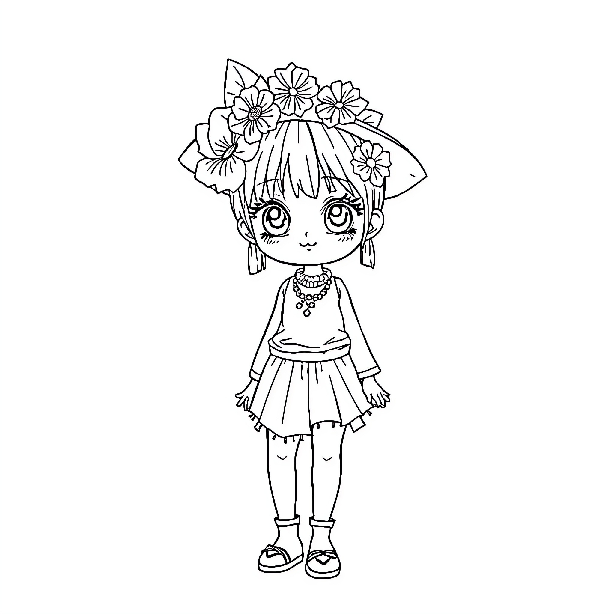 Kuromi in floral outfit with charming expression Coloring Page (free black-and-white line drawing printable PDF for all, from beginners to advanced learners, including children, teens, adults, and seniors)