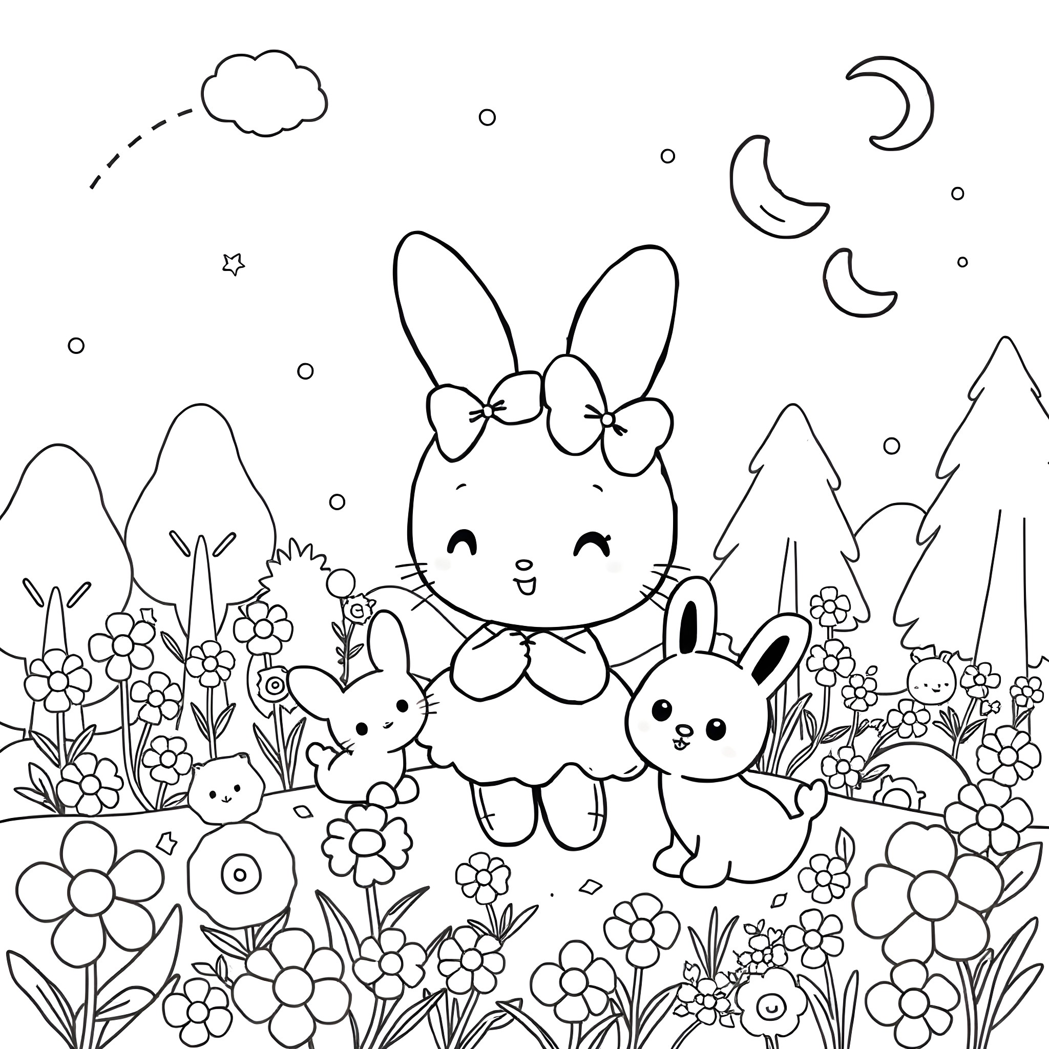 My Melody and Bunny Friends in Floral Meadow Coloring Page (free black-and-white line drawing printable PDF for all, from beginners to advanced learners, including children, teens, adults, and seniors)