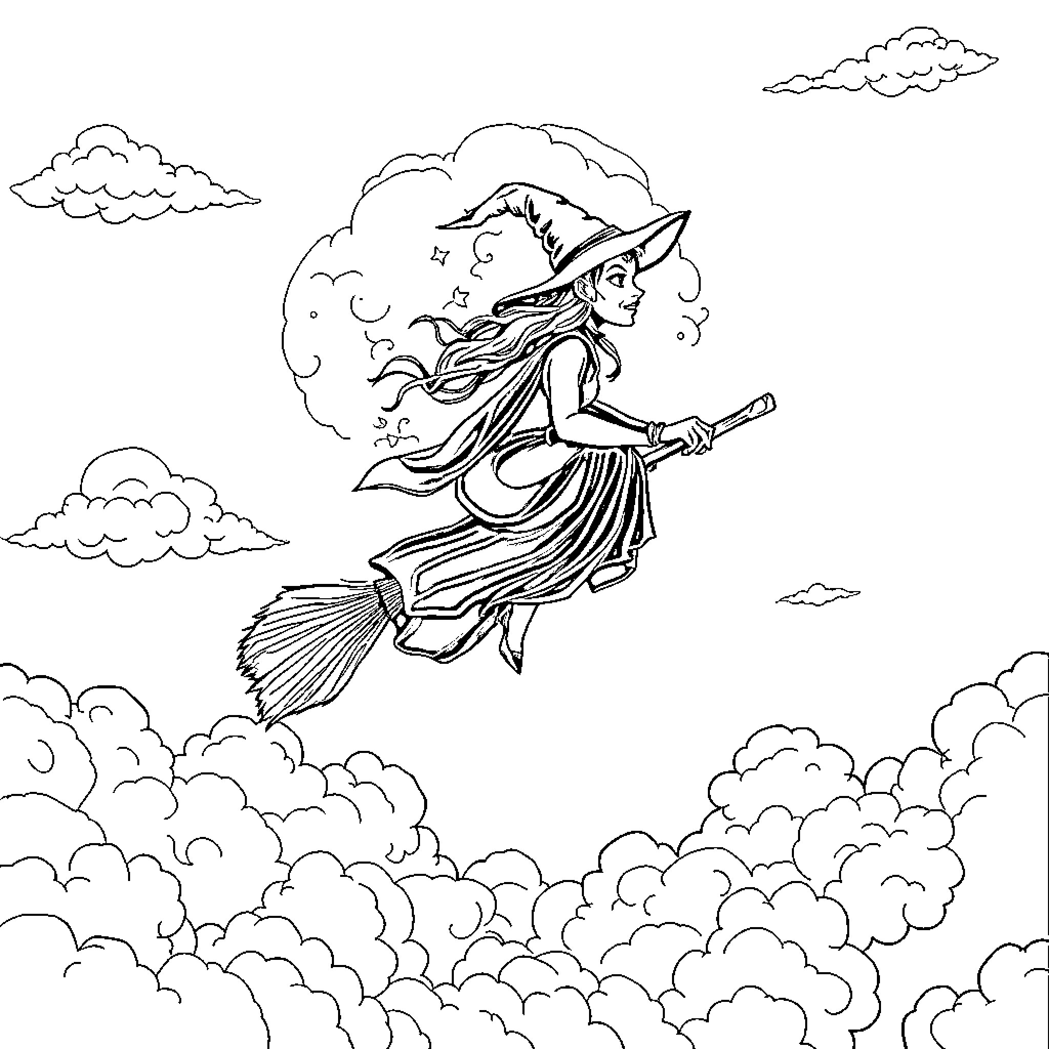 Witch soaring through the cloudy sky on her broom Coloring Page (free black-and-white line drawing printable PDF for all, from beginners to advanced learners, including children, teens, adults, and seniors)