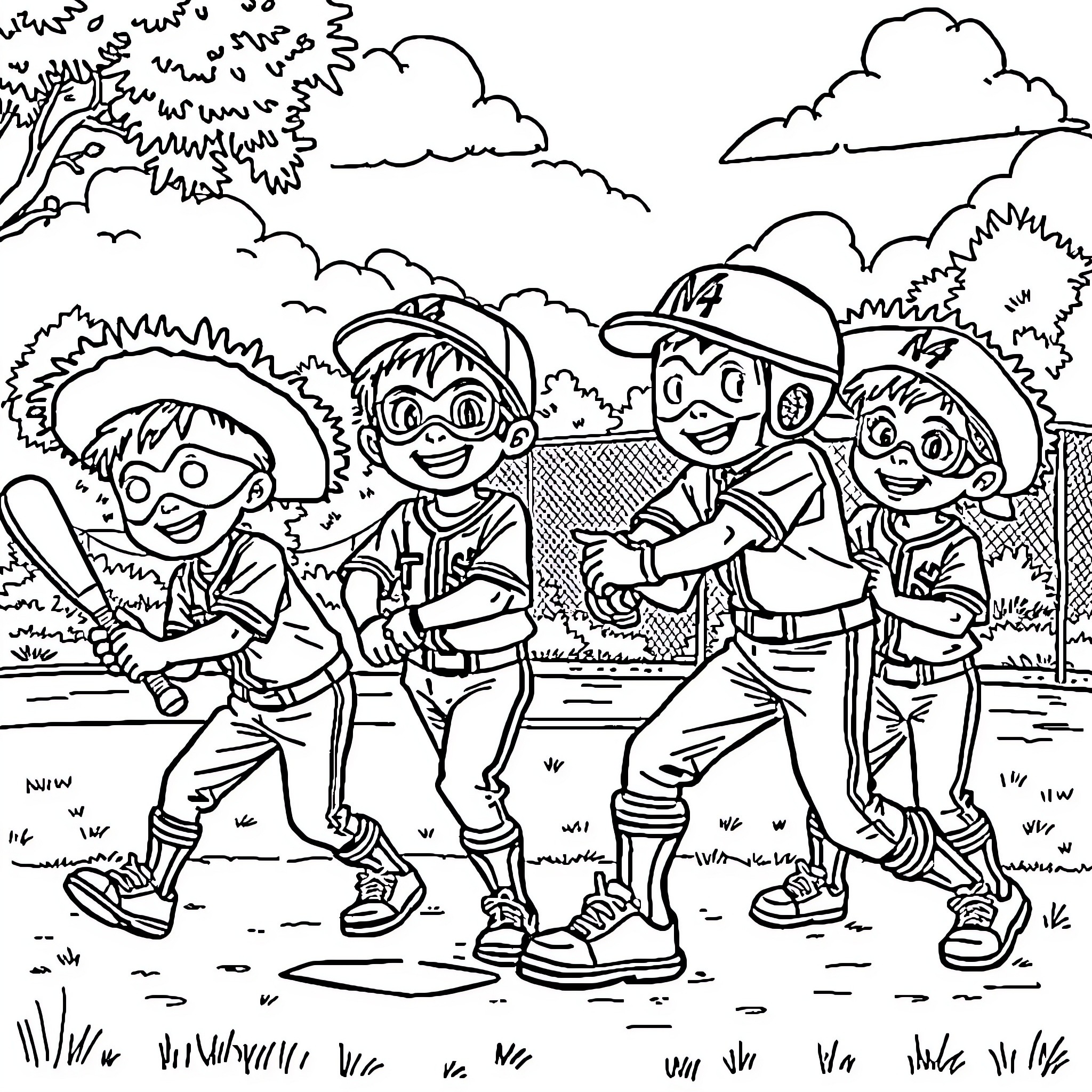 Luchador wrestlers in playful outdoor scene Coloring Page (free black-and-white line drawing printable PDF for all, from beginners to advanced learners, including children, teens, adults, and seniors)