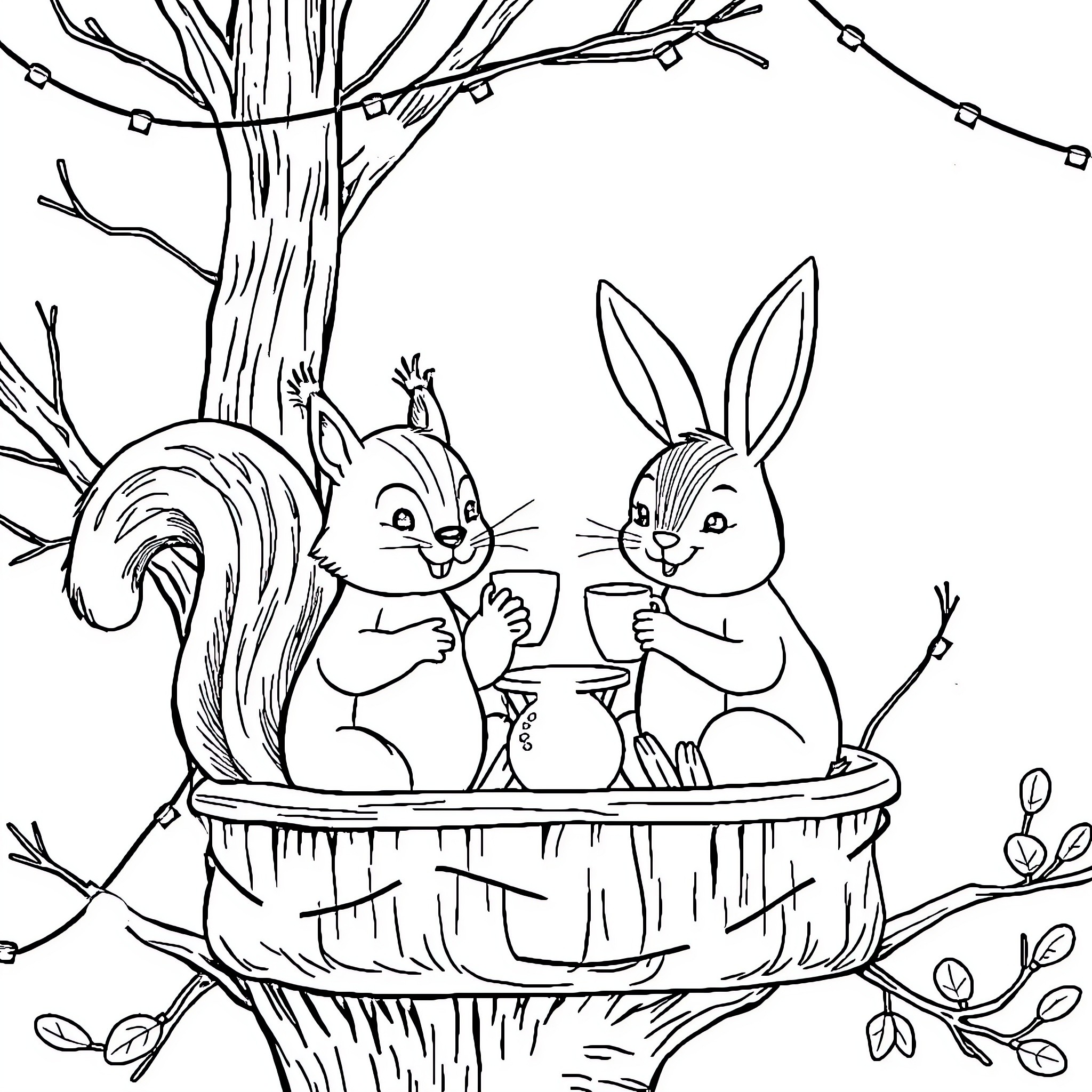 Animal Rabbits playing in a basket under a tree Coloring Page (free black-and-white line drawing printable PDF for all, from beginners to advanced learners, including children, teens, adults, and seniors)