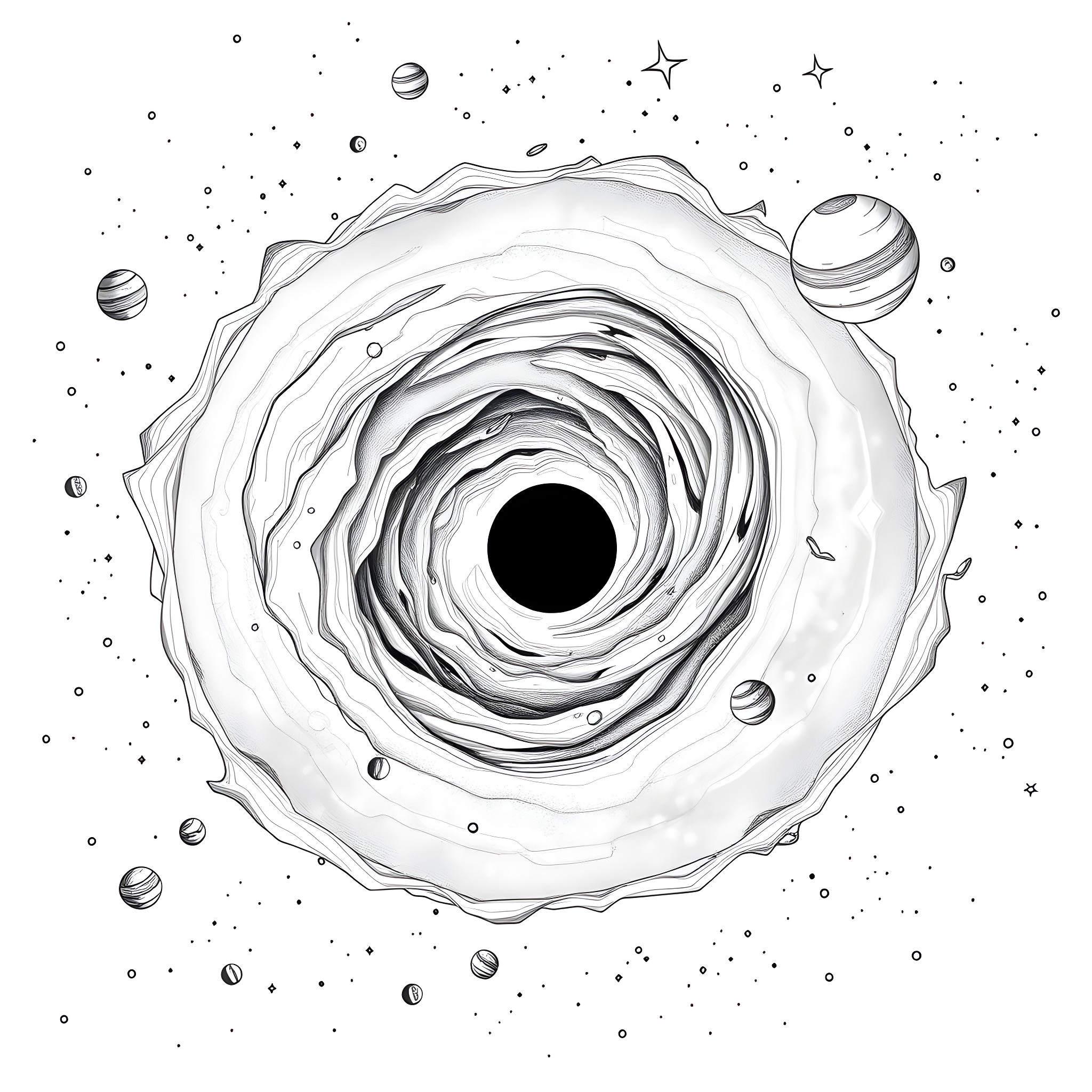 Space vortex with celestial bodies Coloring Page (free black-and-white line drawing printable PDF for all, from beginners to advanced learners, including children, teens, adults, and seniors)