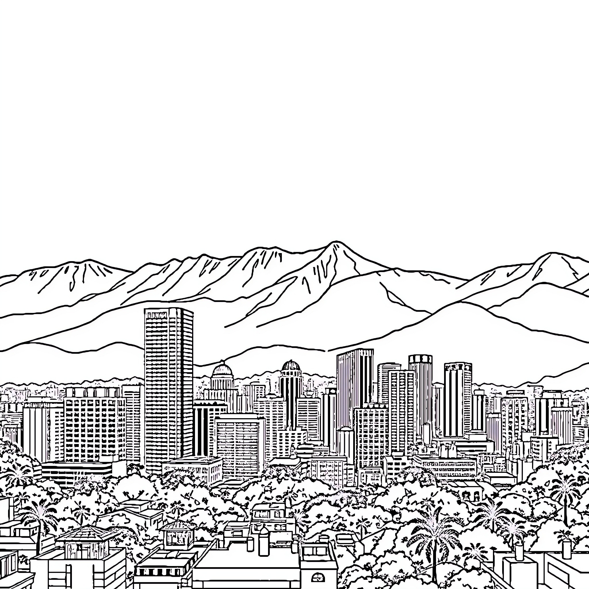 Bogota cityscape with mountains in the background Coloring Page (free black-and-white line drawing printable PDF for all, from beginners to advanced learners, including children, teens, adults, and seniors)