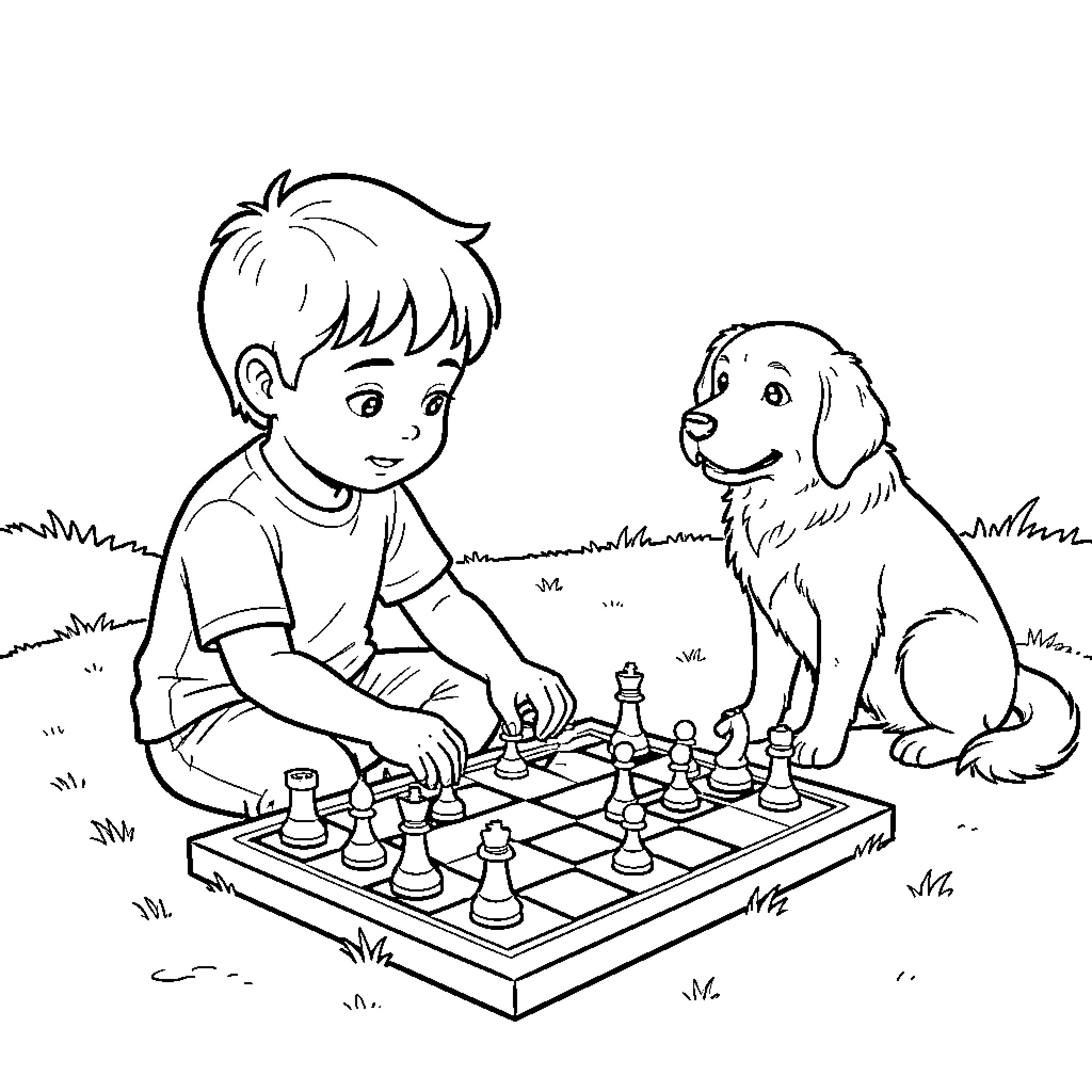 Child playing chess with pet dog in park Coloring Page (free black-and-white line drawing printable PDF for all, from beginners to advanced learners, including children, teens, adults, and seniors)
