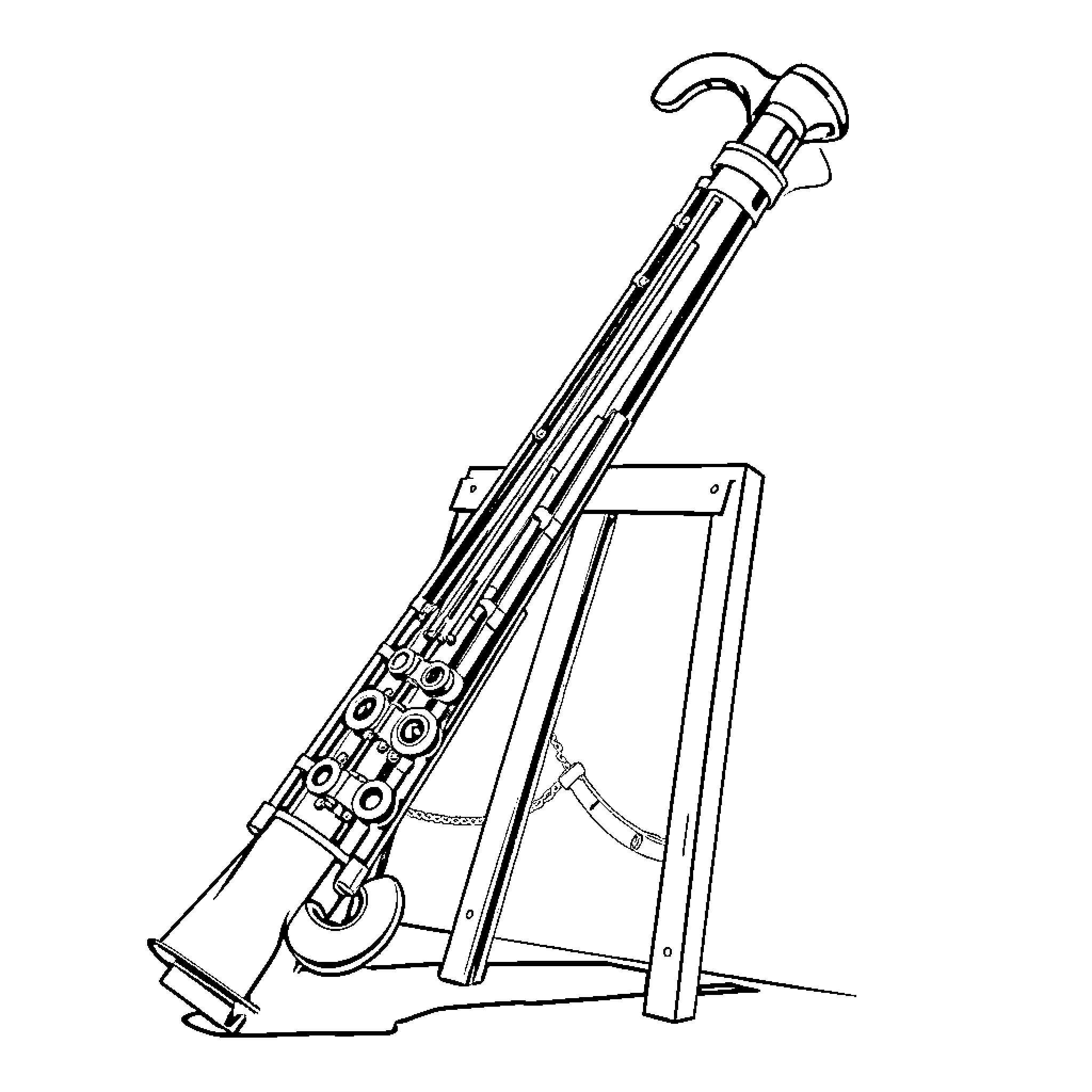 Bassoon musical instrument on wooden stand Coloring Page (free black-and-white line drawing printable PDF for all, from beginners to advanced learners, including children, teens, adults, and seniors)