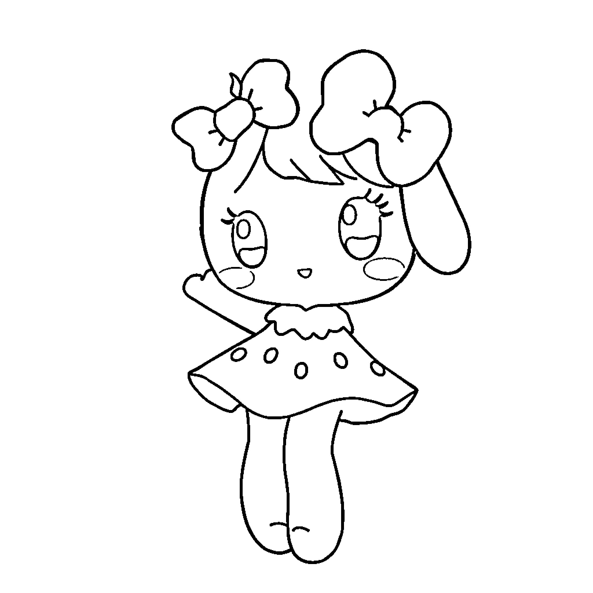 My Melody Cute Girl in Dress with Bows Coloring Page (free black-and-white line drawing printable PDF for all, from beginners to advanced learners, including children, teens, adults, and seniors)