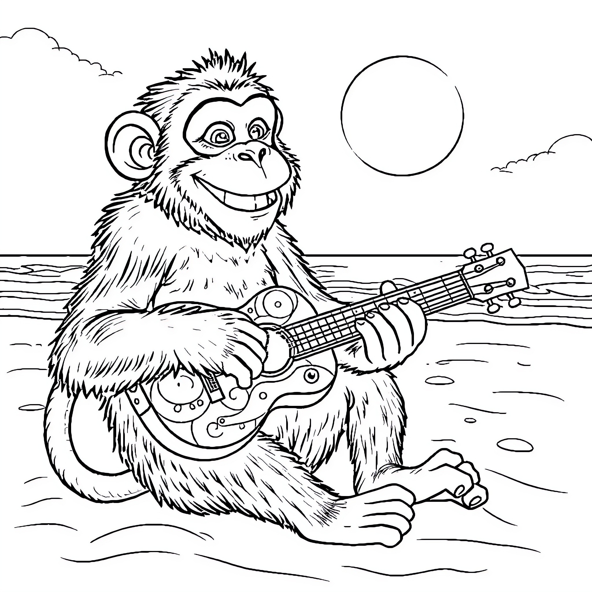 Monkey playing guitar on the beach Coloring Page (free black-and-white line drawing printable PDF for all, from beginners to advanced learners, including children, teens, adults, and seniors)