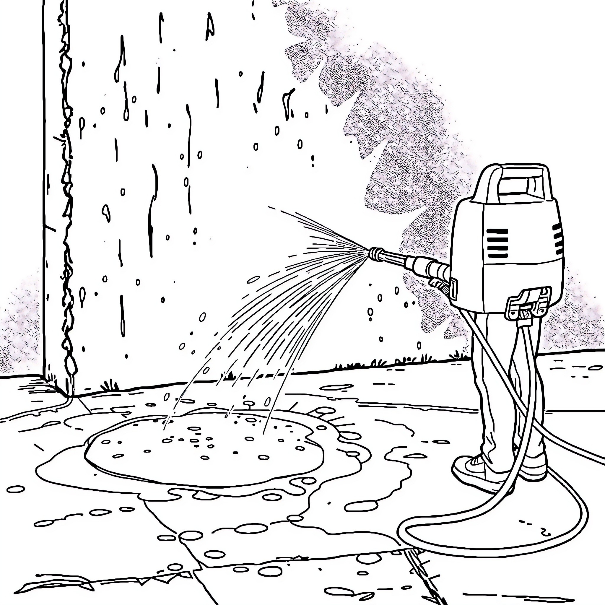 Power Washer Cleaning Muddy Outdoor Scene Coloring Page (free black-and-white line drawing printable PDF for all, from beginners to advanced learners, including children, teens, adults, and seniors)