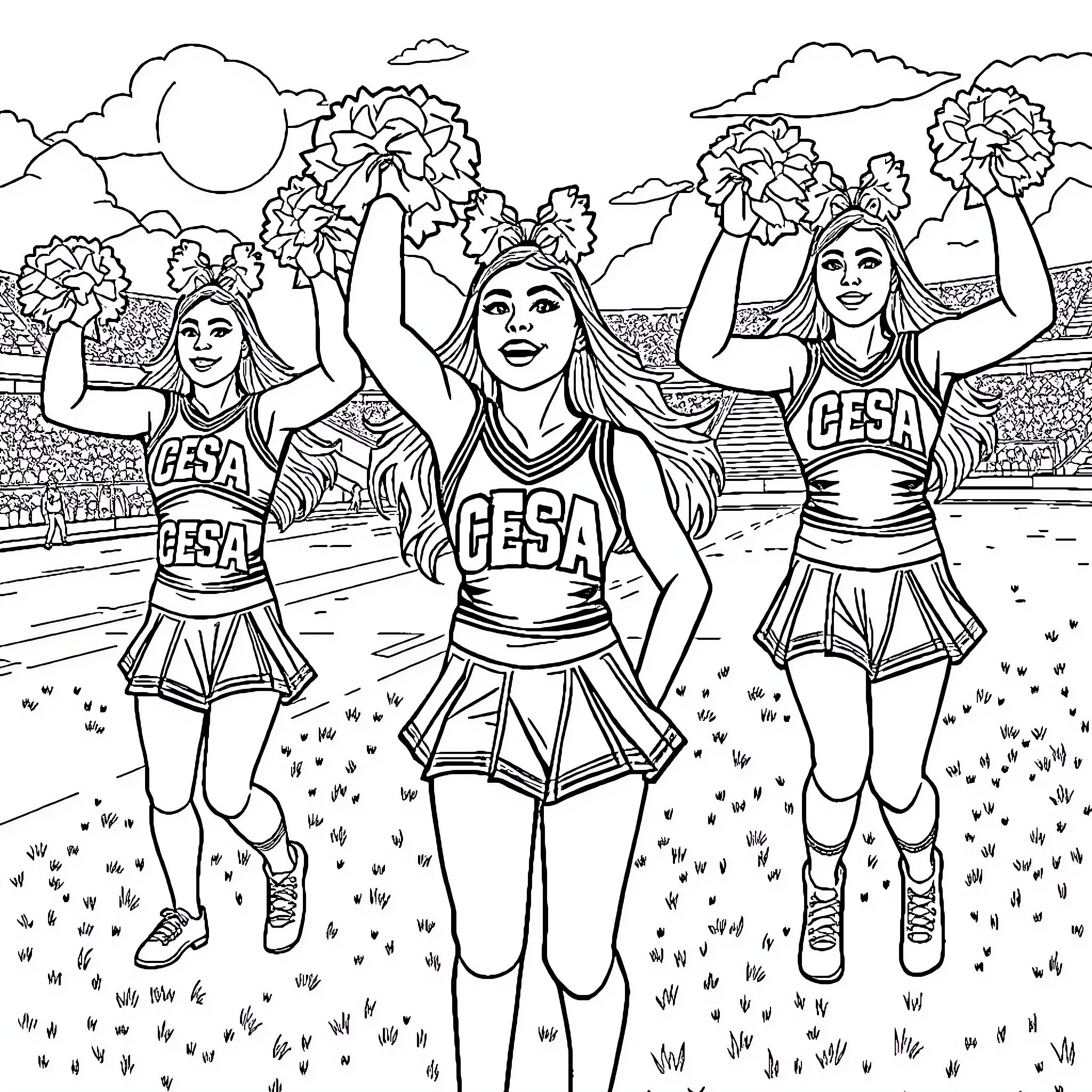 Cheerleaders Performing Energetic Routines on the Field Coloring Page (free black-and-white line drawing printable PDF for all, from beginners to advanced learners, including children, teens, adults, and seniors)