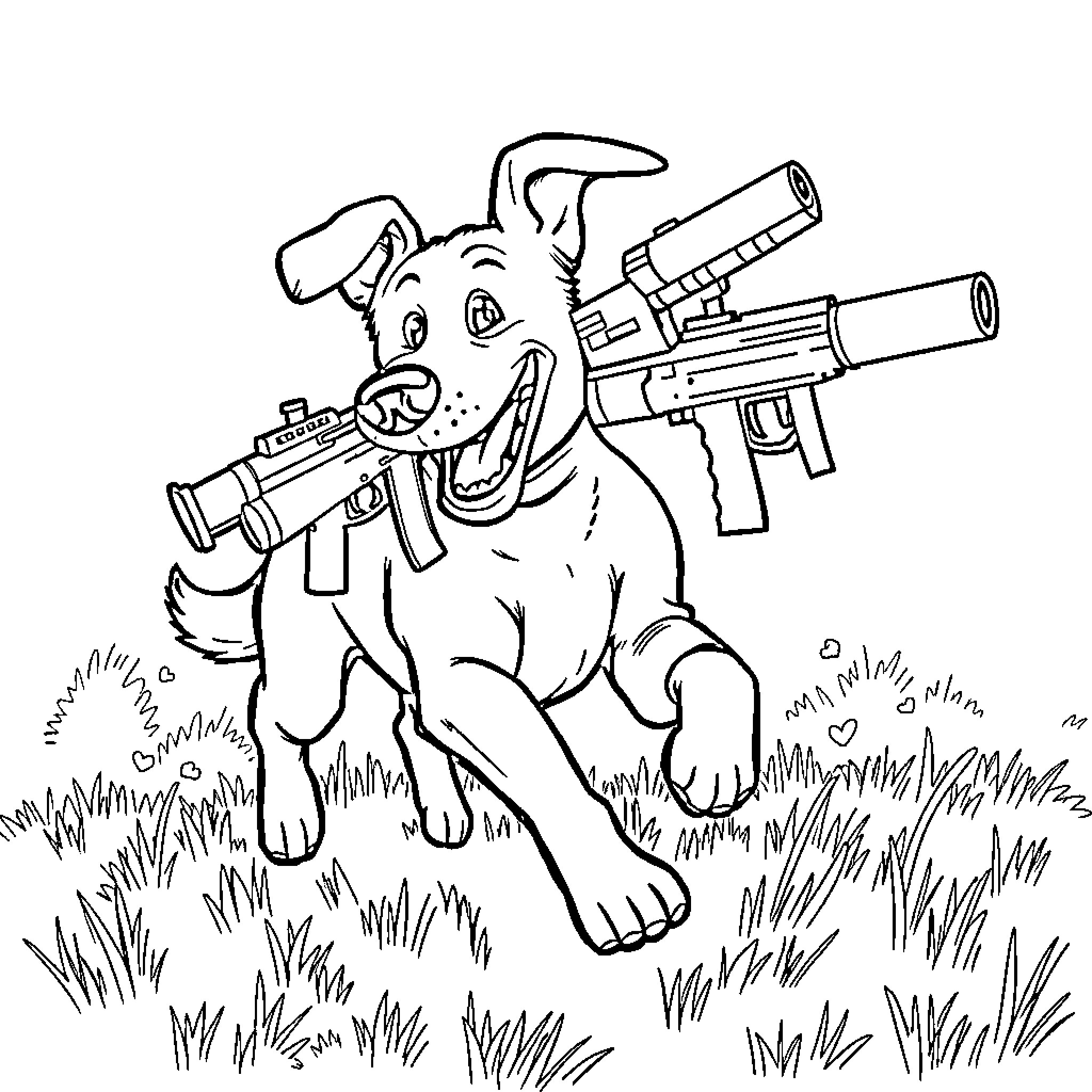 Dog equipped with toy weapons in a grassy field Coloring Page (free black-and-white line drawing printable PDF for all, from beginners to advanced learners, including children, teens, adults, and seniors)