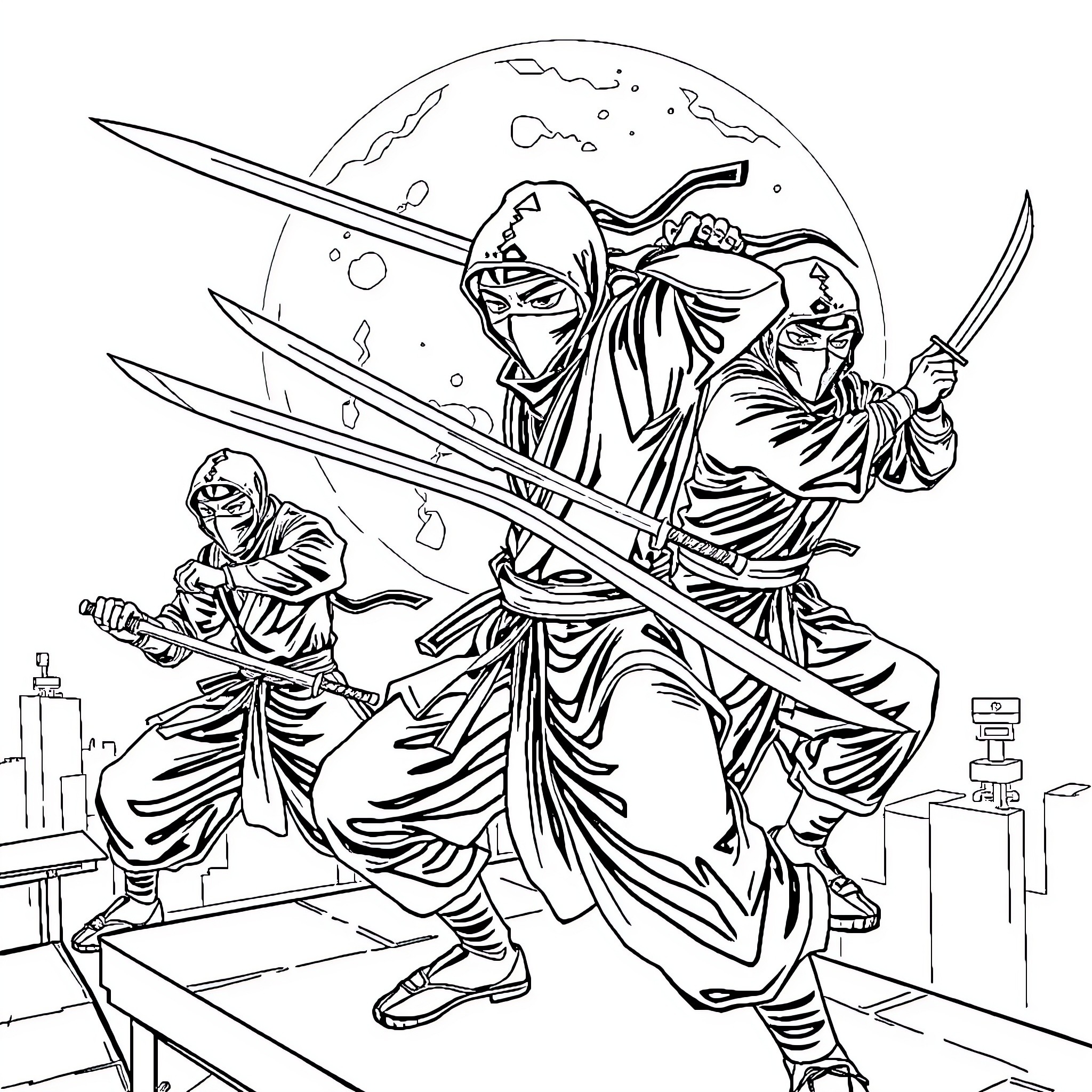 Ninja Warriors in Combat Stances Coloring Page (free black-and-white line drawing printable PDF for all, from beginners to advanced learners, including children, teens, adults, and seniors)