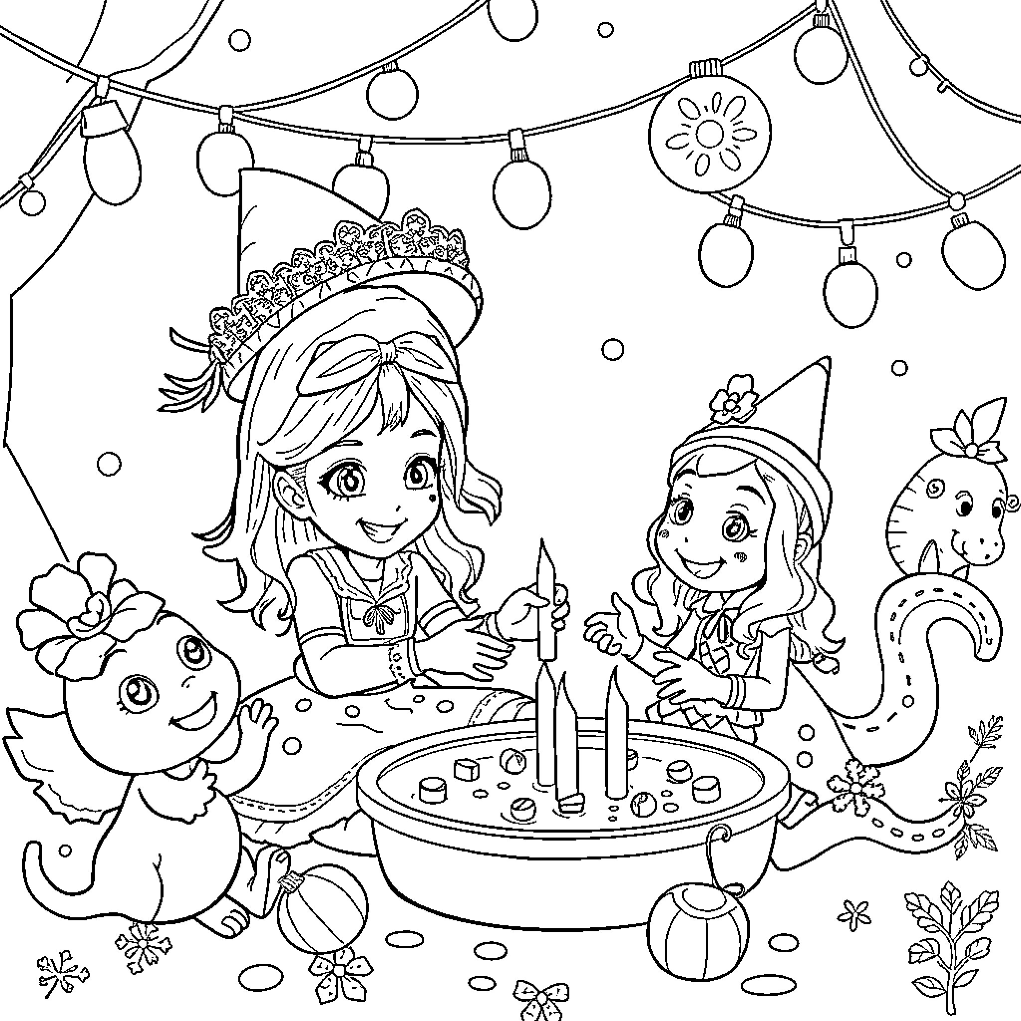 Unaniña's Happy Birthday Party Coloring Page (free black-and-white line drawing printable PDF for all, from beginners to advanced learners, including children, teens, adults, and seniors)