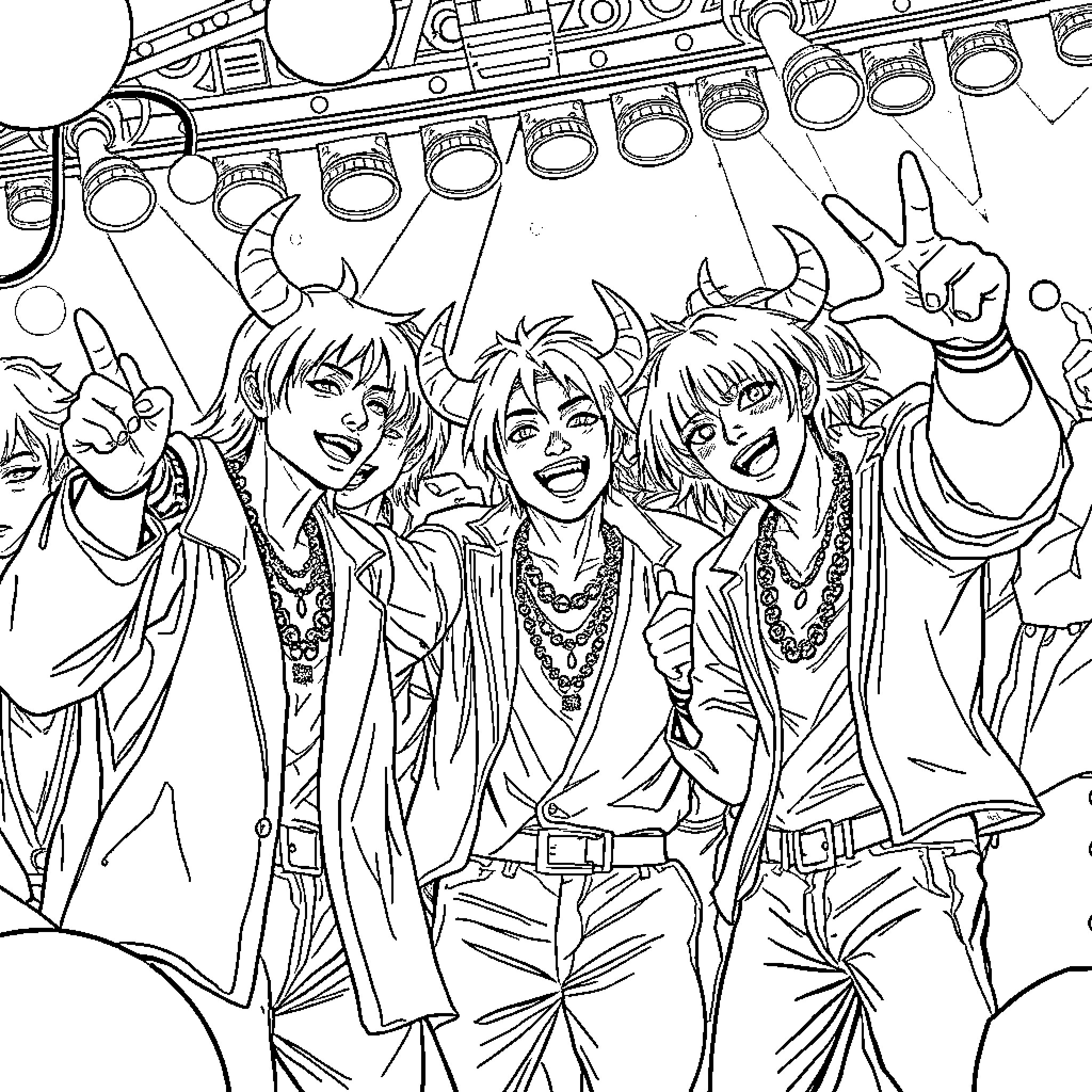 Demon Hunters Celebrate their Victory in Style Coloring Page (free black-and-white line drawing printable PDF for all, from beginners to advanced learners, including children, teens, adults, and seniors)