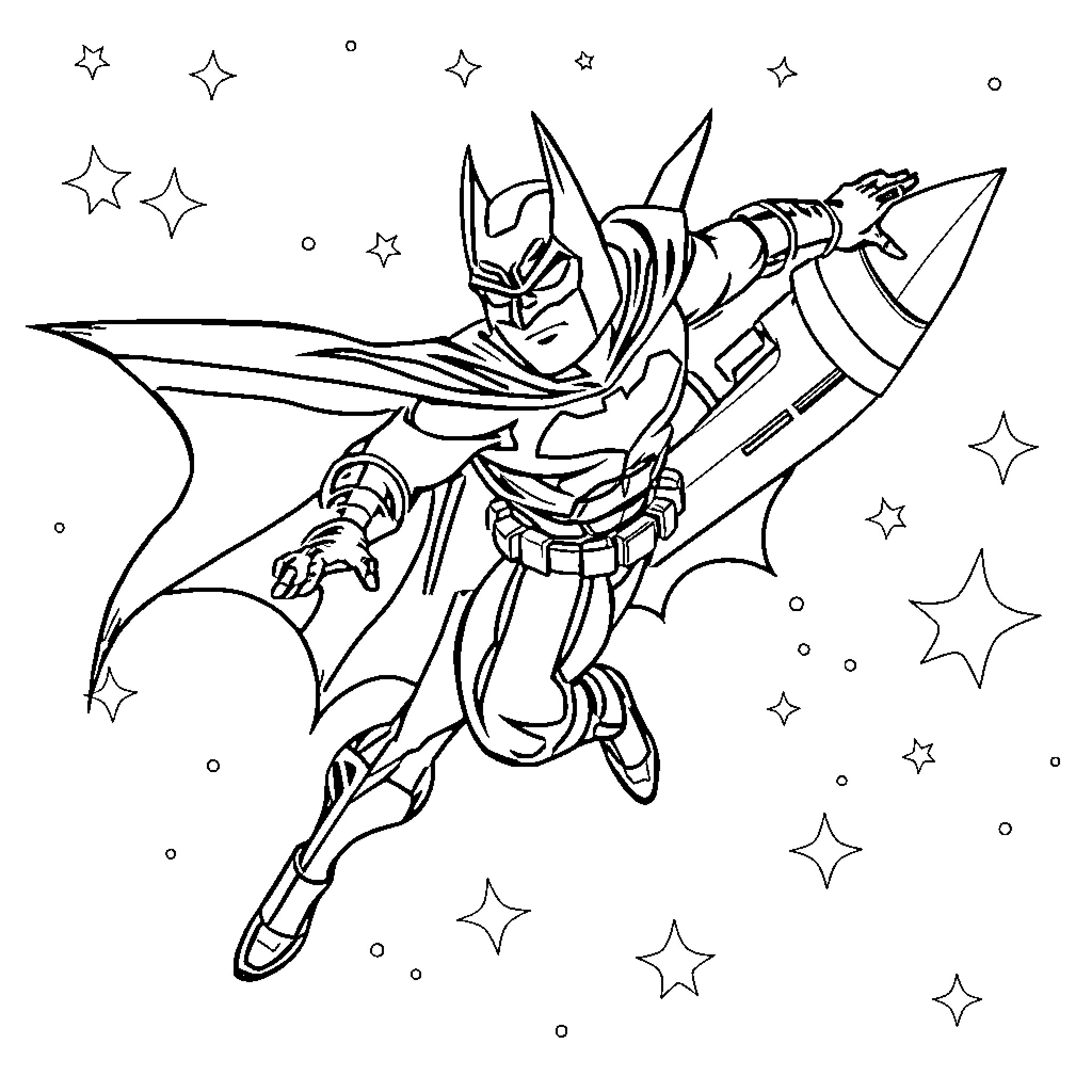 Batman soaring through the starry night sky Coloring Page (free black-and-white line drawing printable PDF for all, from beginners to advanced learners, including children, teens, adults, and seniors)