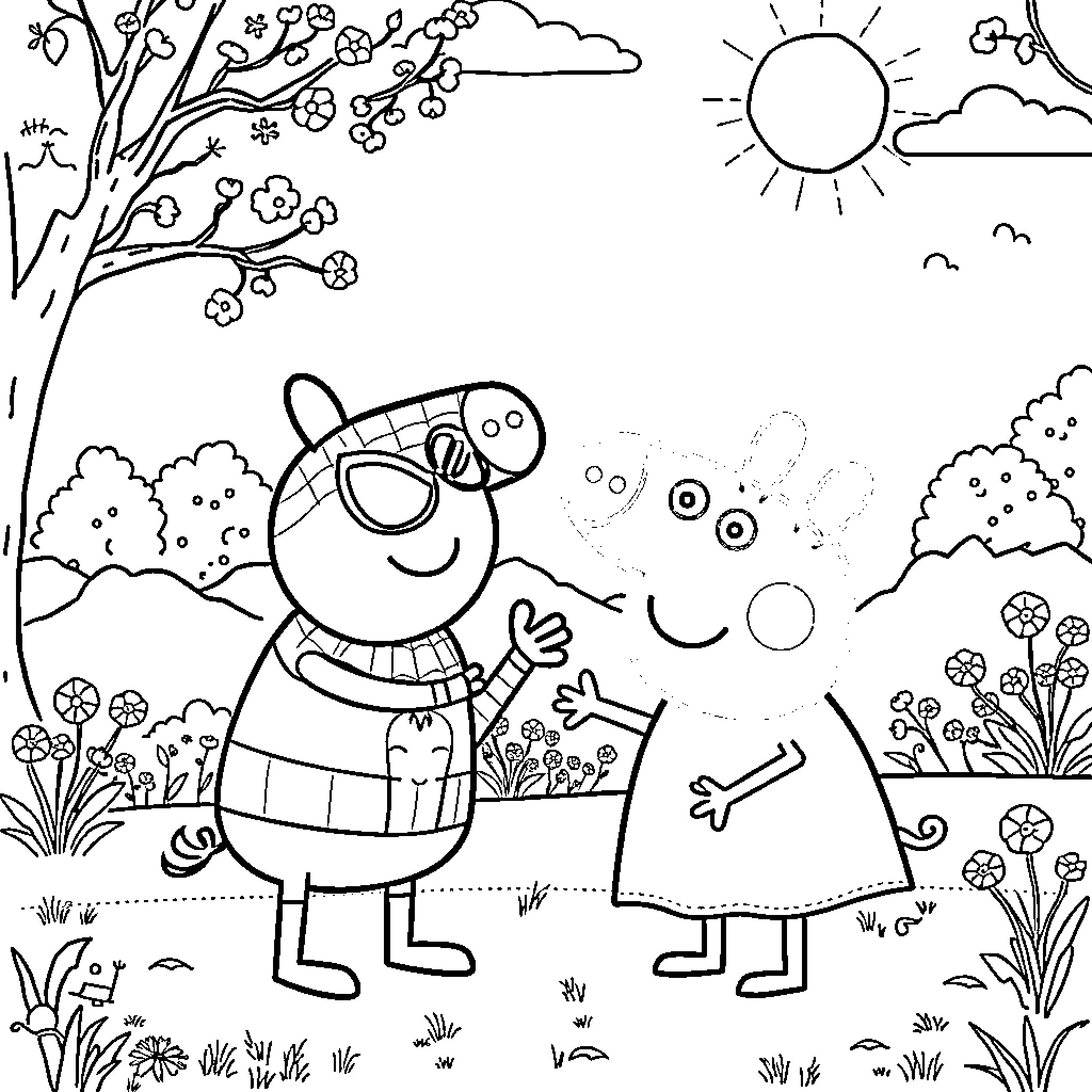 Peppa Pig playing joyfully in the countryside Coloring Page (free black-and-white line drawing printable PDF for all, from beginners to advanced learners, including children, teens, adults, and seniors)