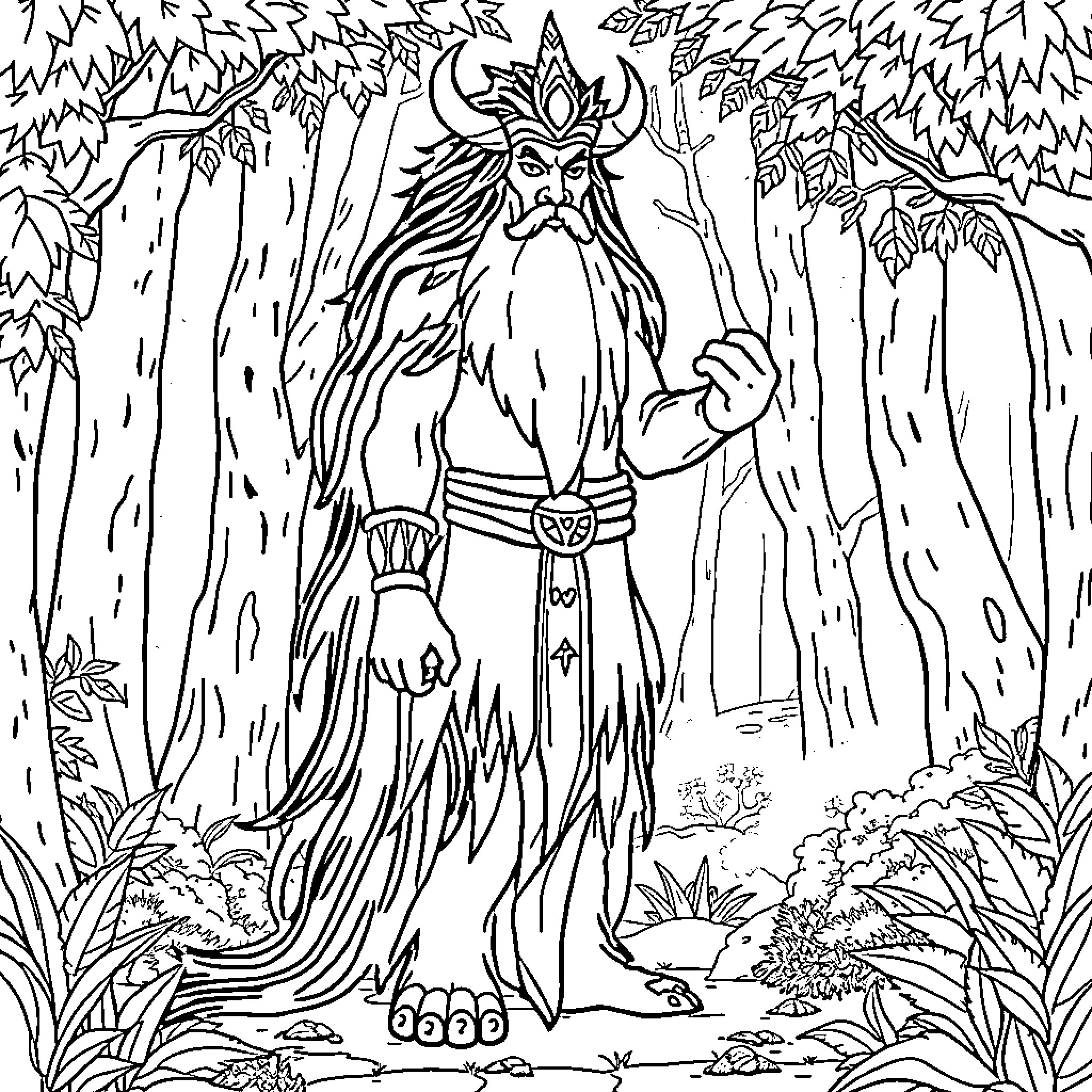 Moro Mythical Creature in Enchanted Forest Coloring Page (free black-and-white line drawing printable PDF for all, from beginners to advanced learners, including children, teens, adults, and seniors)