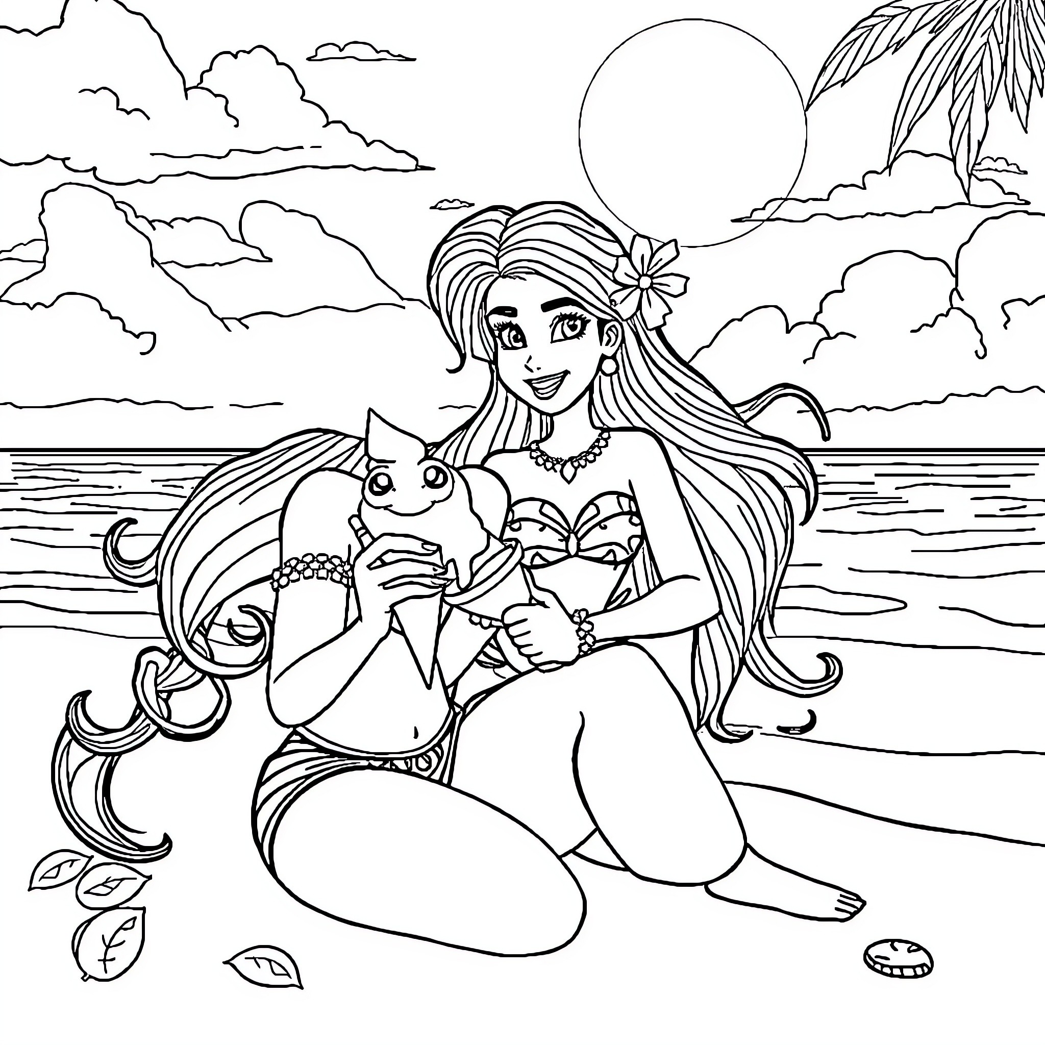 Vaiana relaxing on the beach with her pet Coloring Page (free black-and-white line drawing printable PDF for all, from beginners to advanced learners, including children, teens, adults, and seniors)
