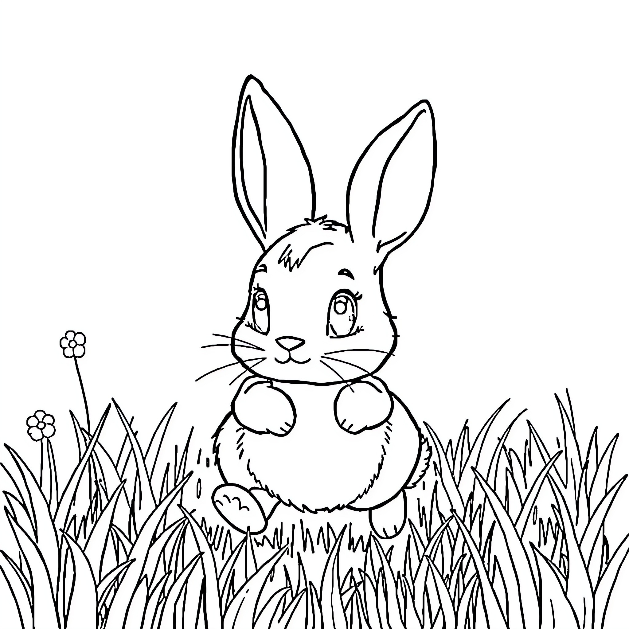 Rabbit sitting in the grass Coloring Page (free black-and-white line drawing printable PDF for all, from beginners to advanced learners, including children, teens, adults, and seniors)