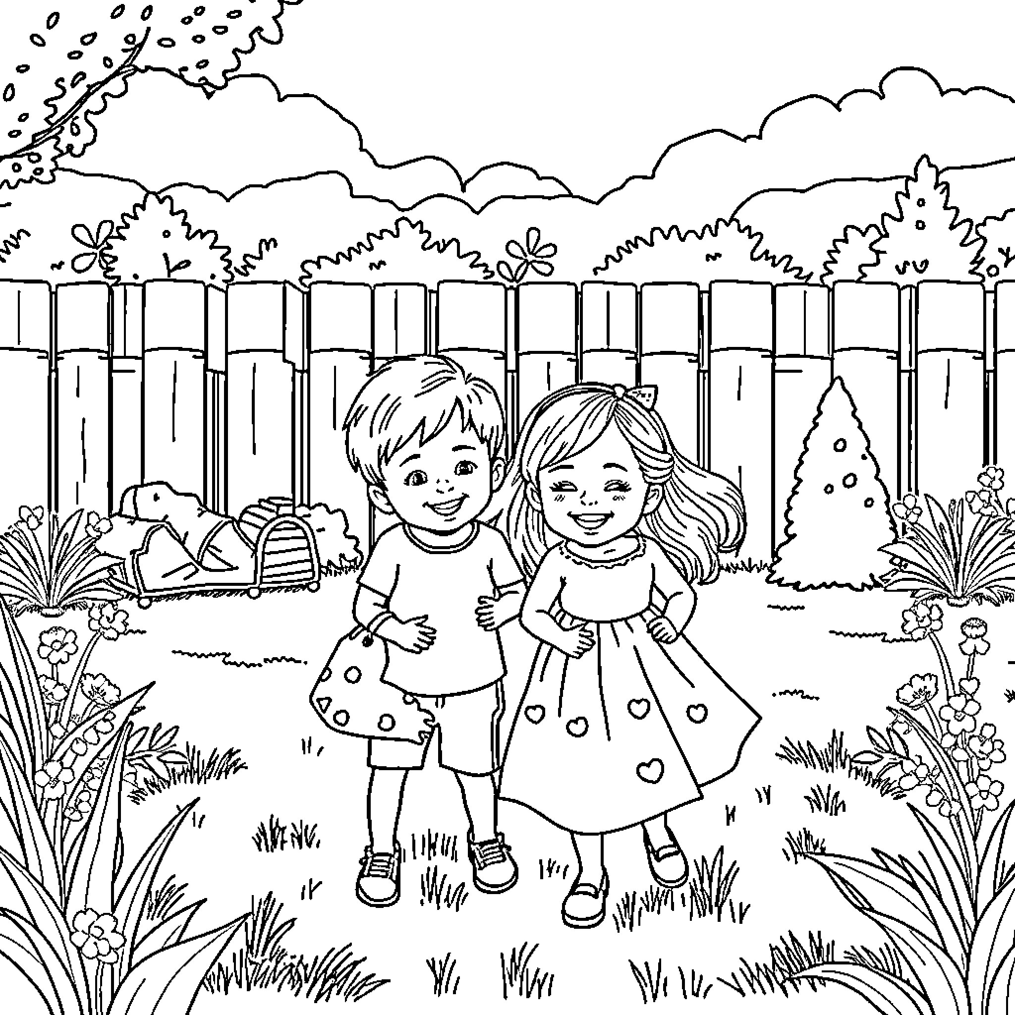Siblings playing happily in a backyard scene Coloring Page (free black-and-white line drawing printable PDF for all, from beginners to advanced learners, including children, teens, adults, and seniors)
