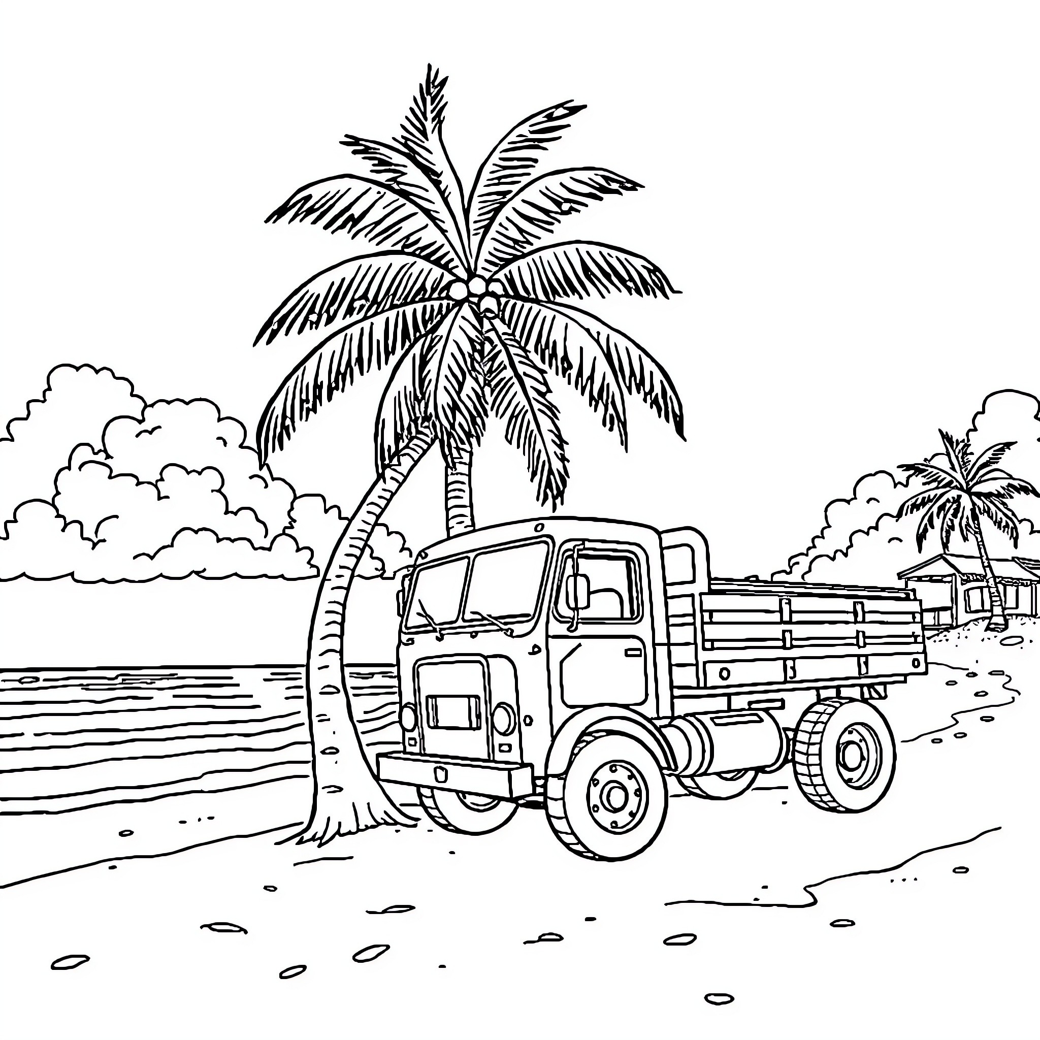 Truck transporting cargo on tropical beach Coloring Page (free black-and-white line drawing printable PDF for all, from beginners to advanced learners, including children, teens, adults, and seniors)