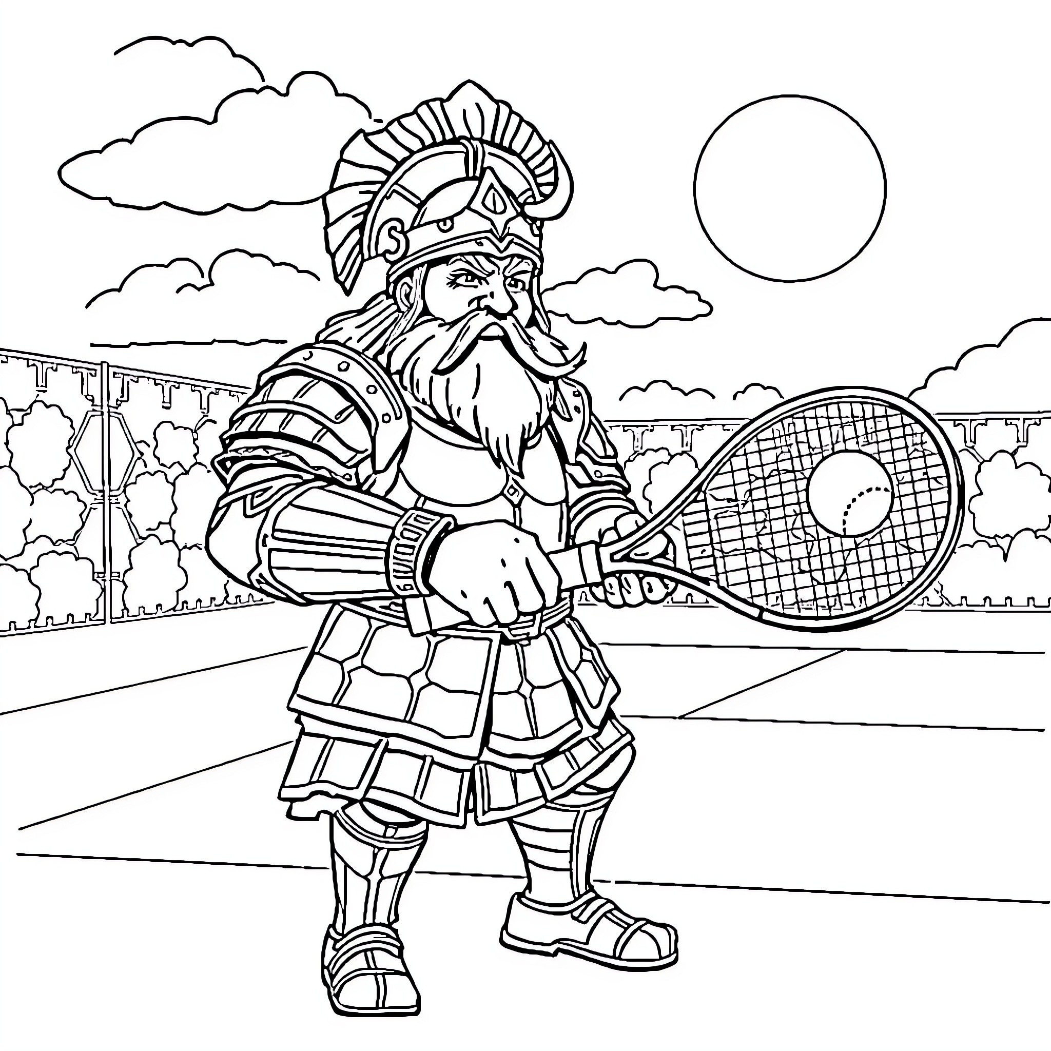 Gingis Khan playing tennis in ancient setting Coloring Page (free black-and-white line drawing printable PDF for all, from beginners to advanced learners, including children, teens, adults, and seniors)