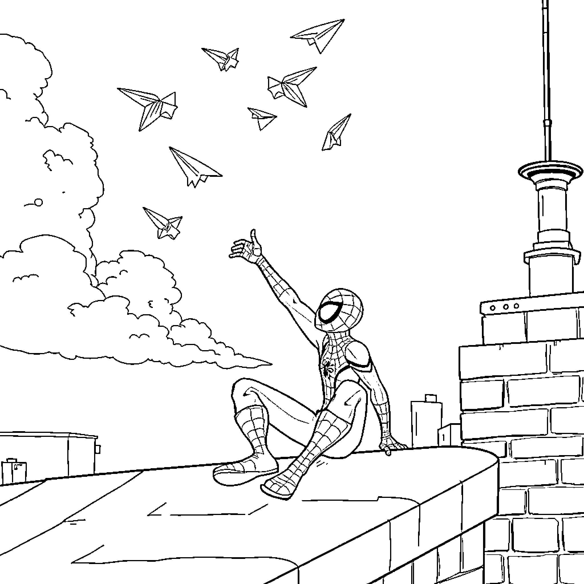 Spiderman taking in the city view from rooftop Coloring Page (free black-and-white line drawing printable PDF for all, from beginners to advanced learners, including children, teens, adults, and seniors)