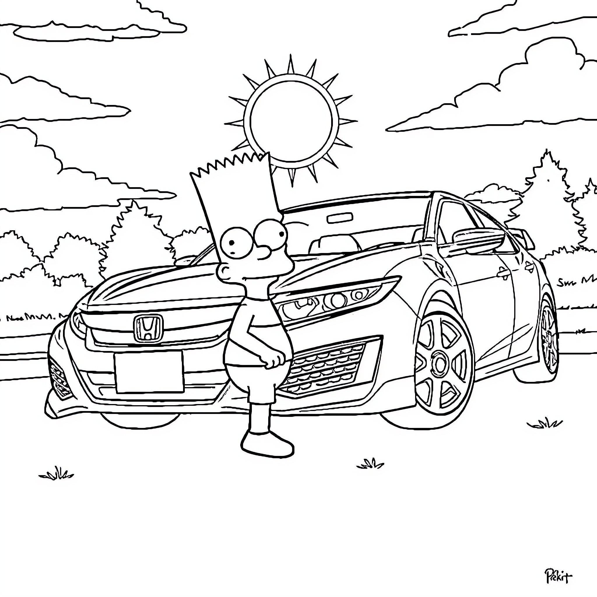 Bart Simpson driving a sporty car on a sunny day Coloring Page (free black-and-white line drawing printable PDF for all, from beginners to advanced learners, including children, teens, adults, and seniors)