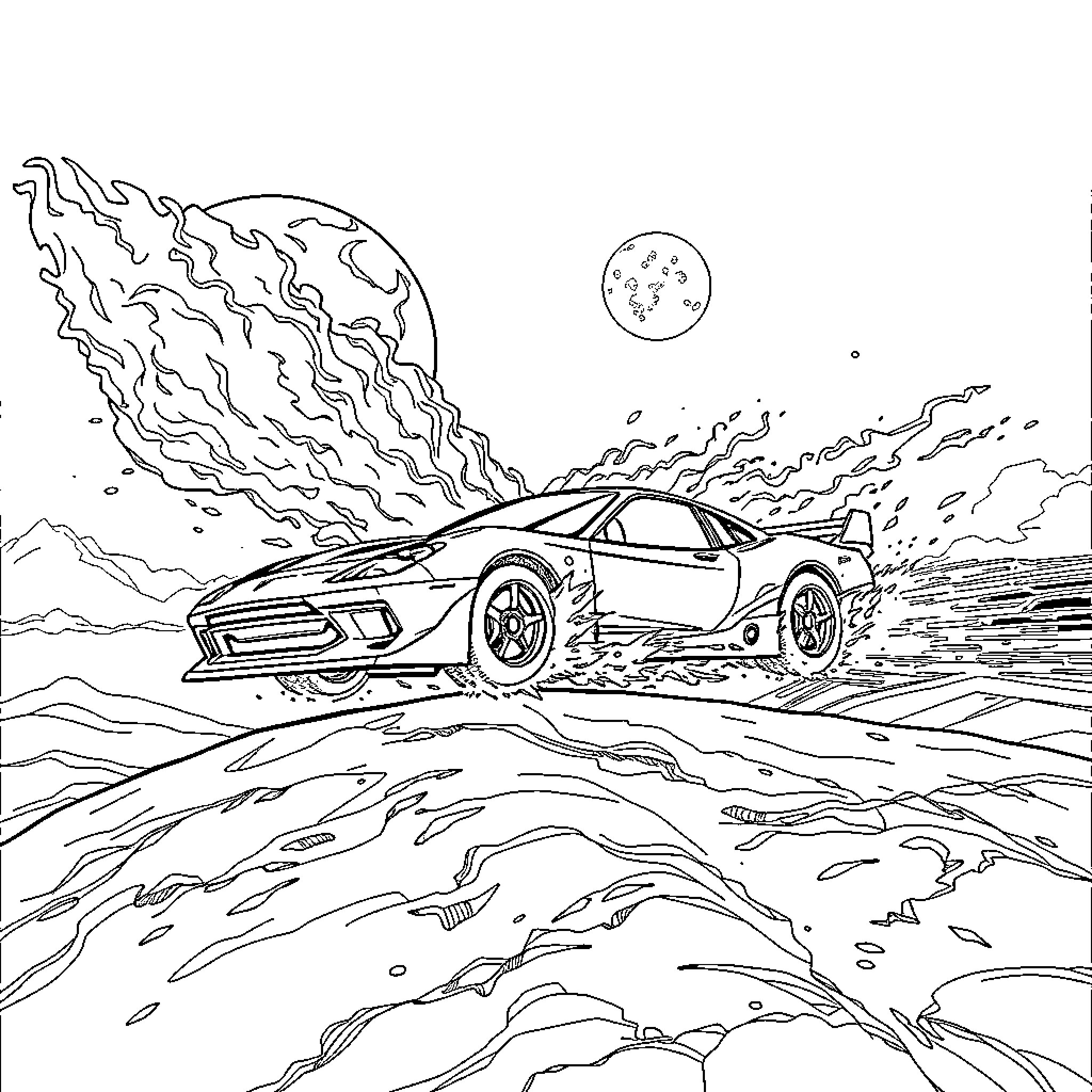 Racing Car Speeding Through the Rugged Terrain Coloring Page (free black-and-white line drawing printable PDF for all, from beginners to advanced learners, including children, teens, adults, and seniors)