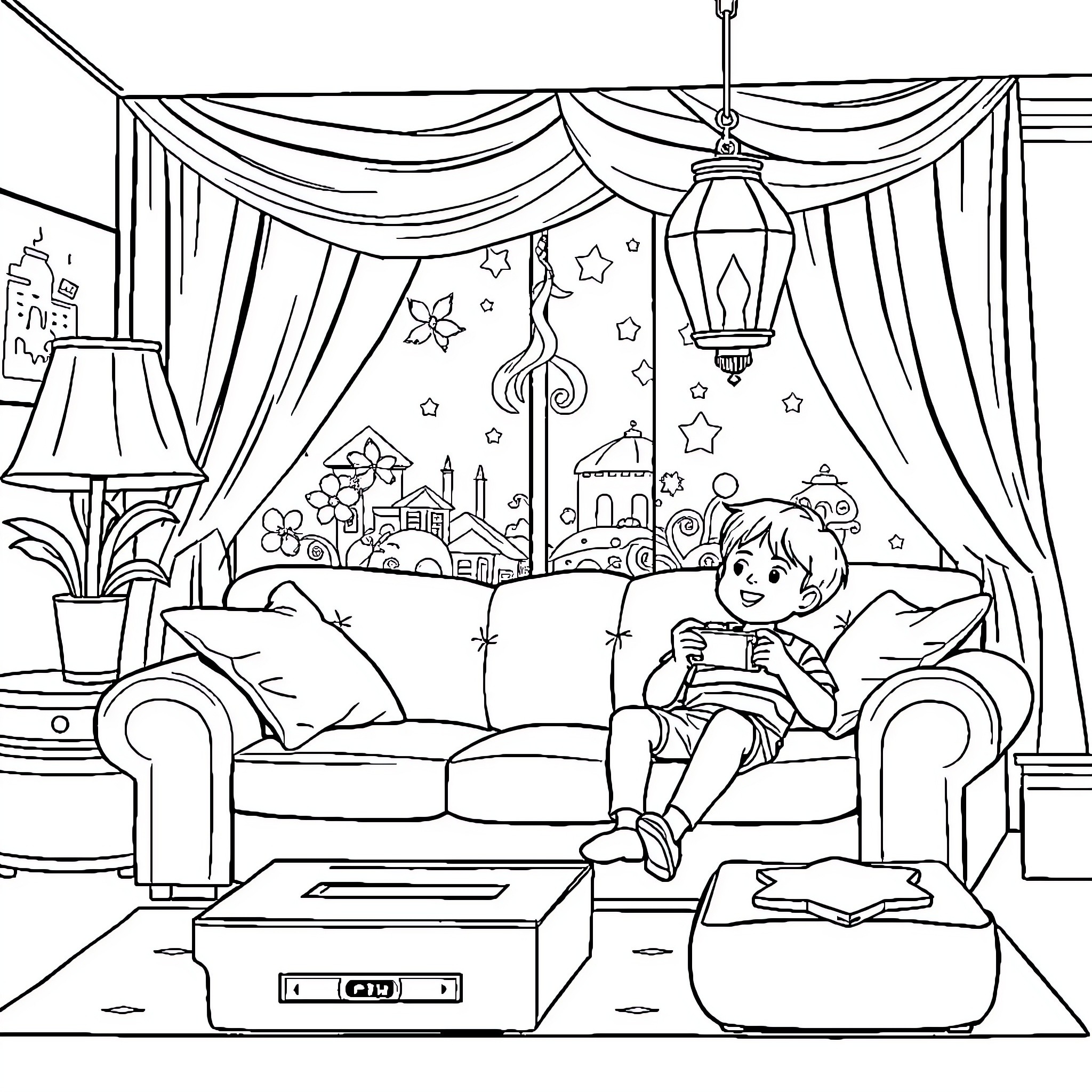 Pemuda relaxing comfortably at home Coloring Page (free black-and-white line drawing printable PDF for all, from beginners to advanced learners, including children, teens, adults, and seniors)