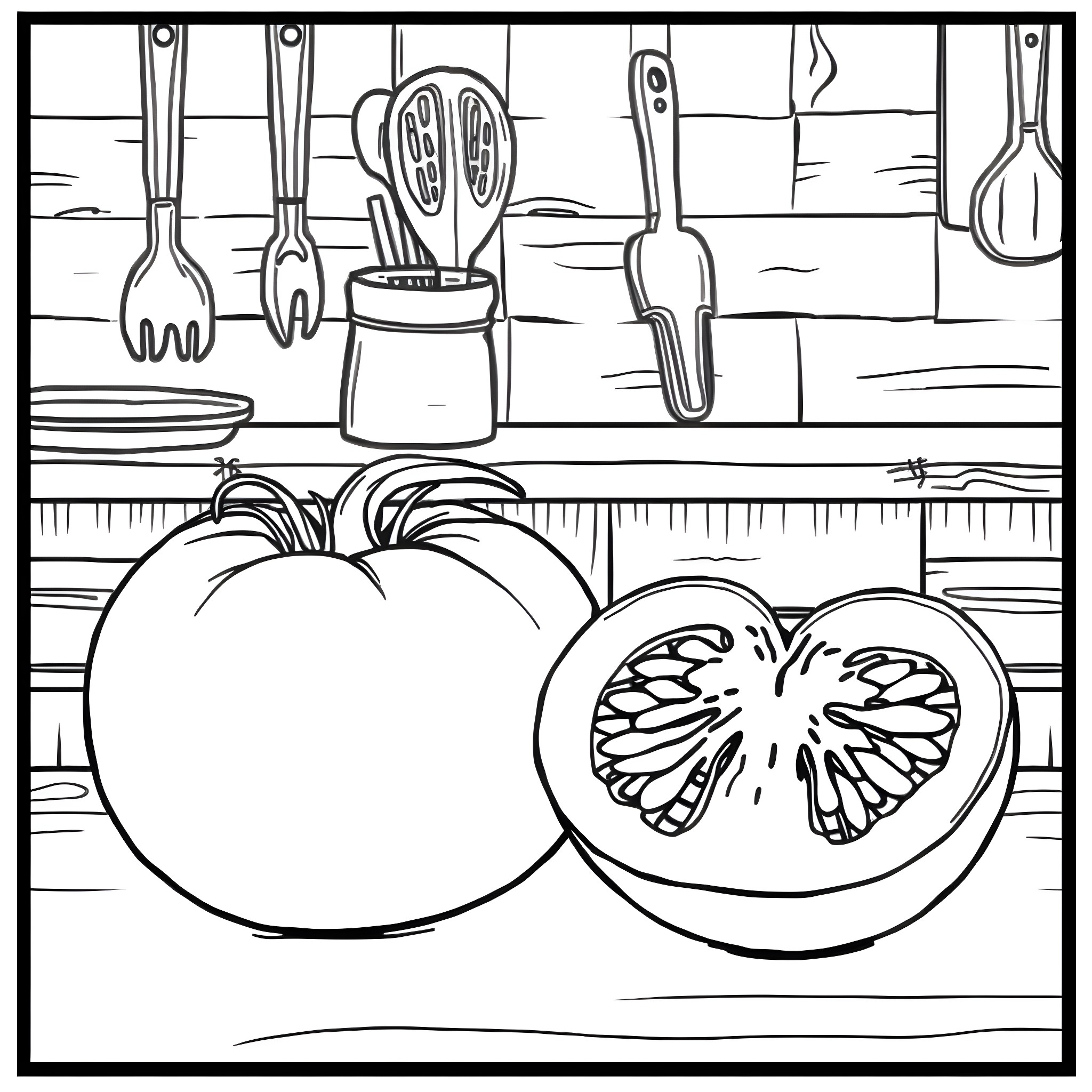Tomato and kitchen utensils on wooden shelves Coloring Page (free black-and-white line drawing printable PDF for all, from beginners to advanced learners, including children, teens, adults, and seniors)