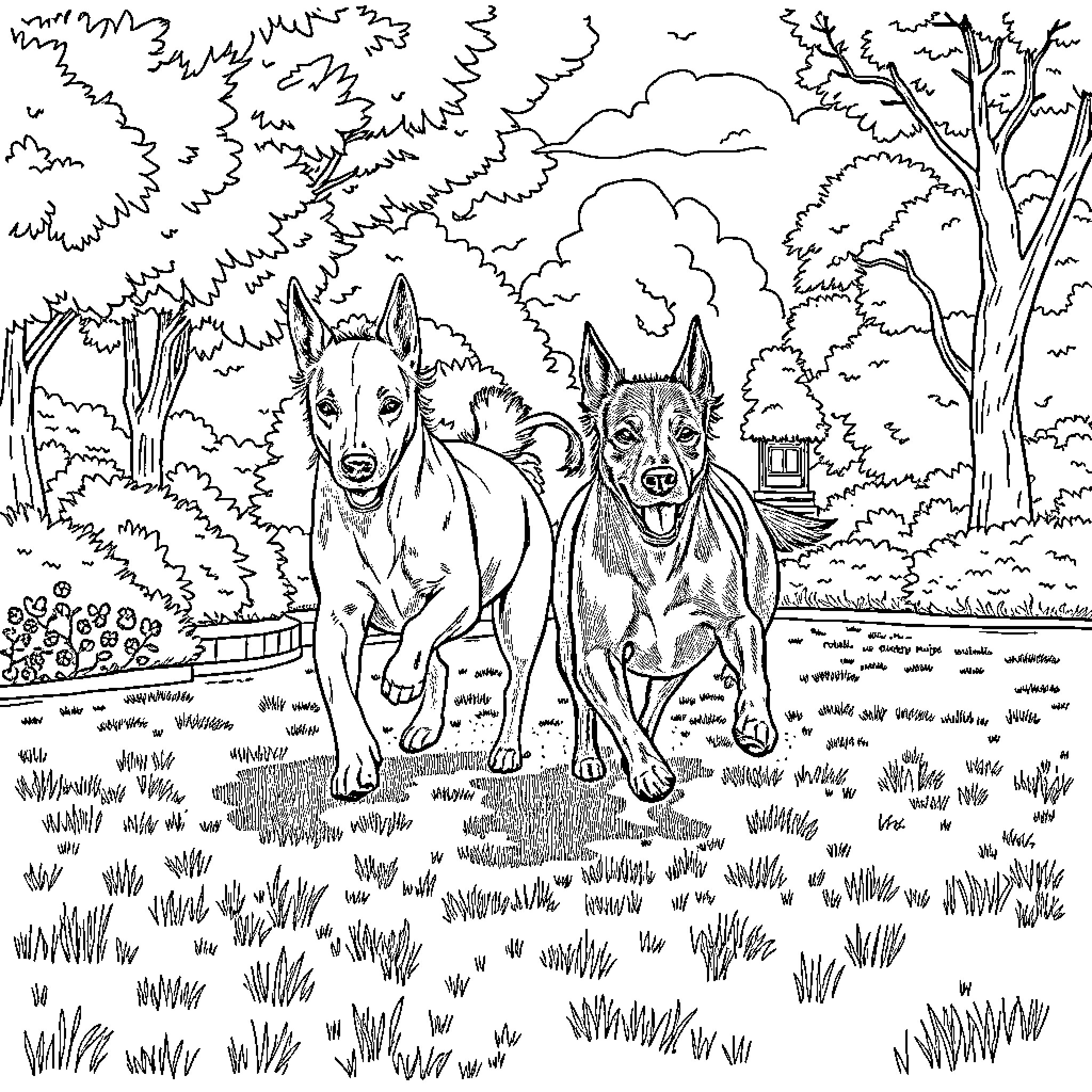 Dog duo exploring the lush forest Coloring Page (free black-and-white line drawing printable PDF for all, from beginners to advanced learners, including children, teens, adults, and seniors)
