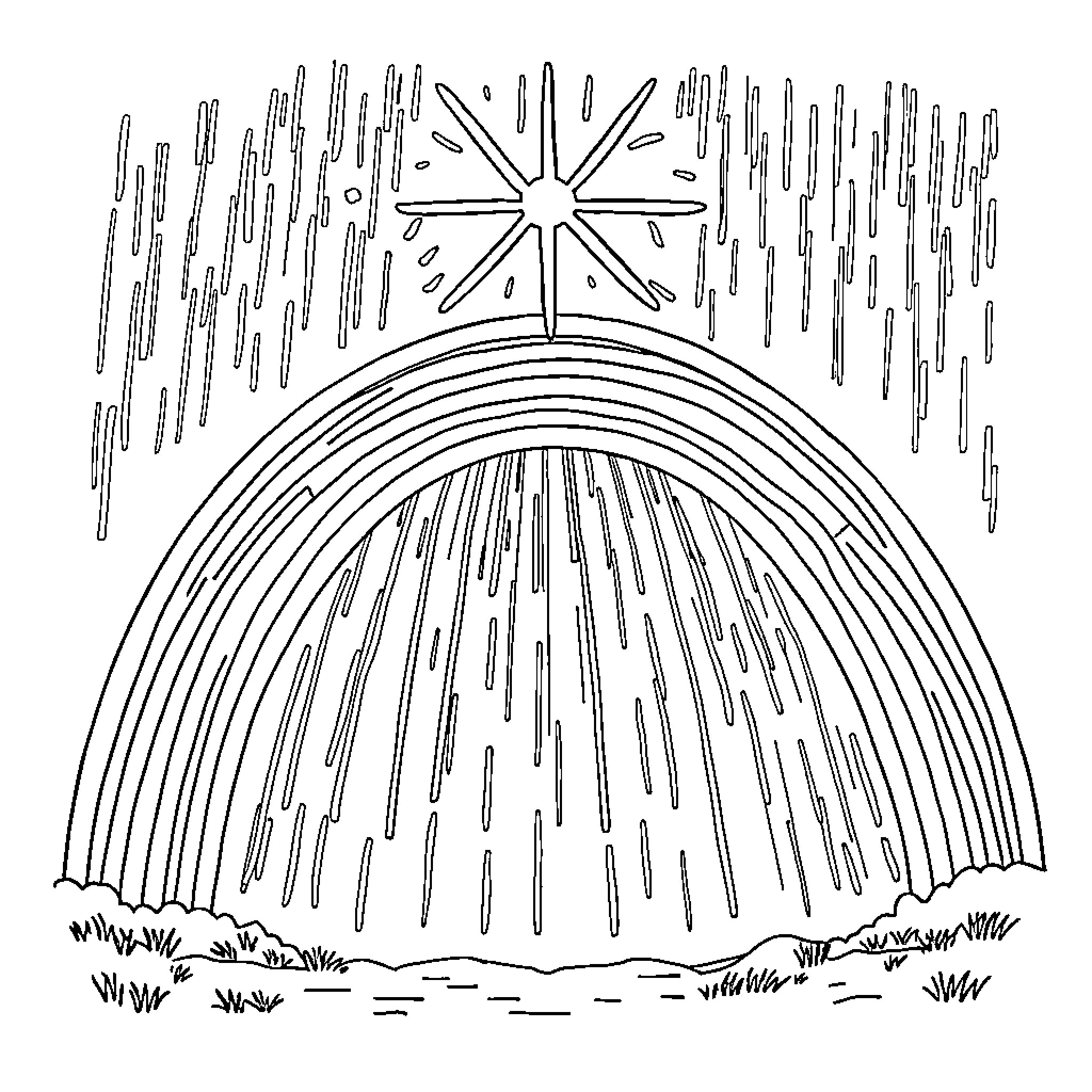 Rainbow Celestial Shower over Meadow Coloring Page (free black-and-white line drawing printable PDF for all, from beginners to advanced learners, including children, teens, adults, and seniors)