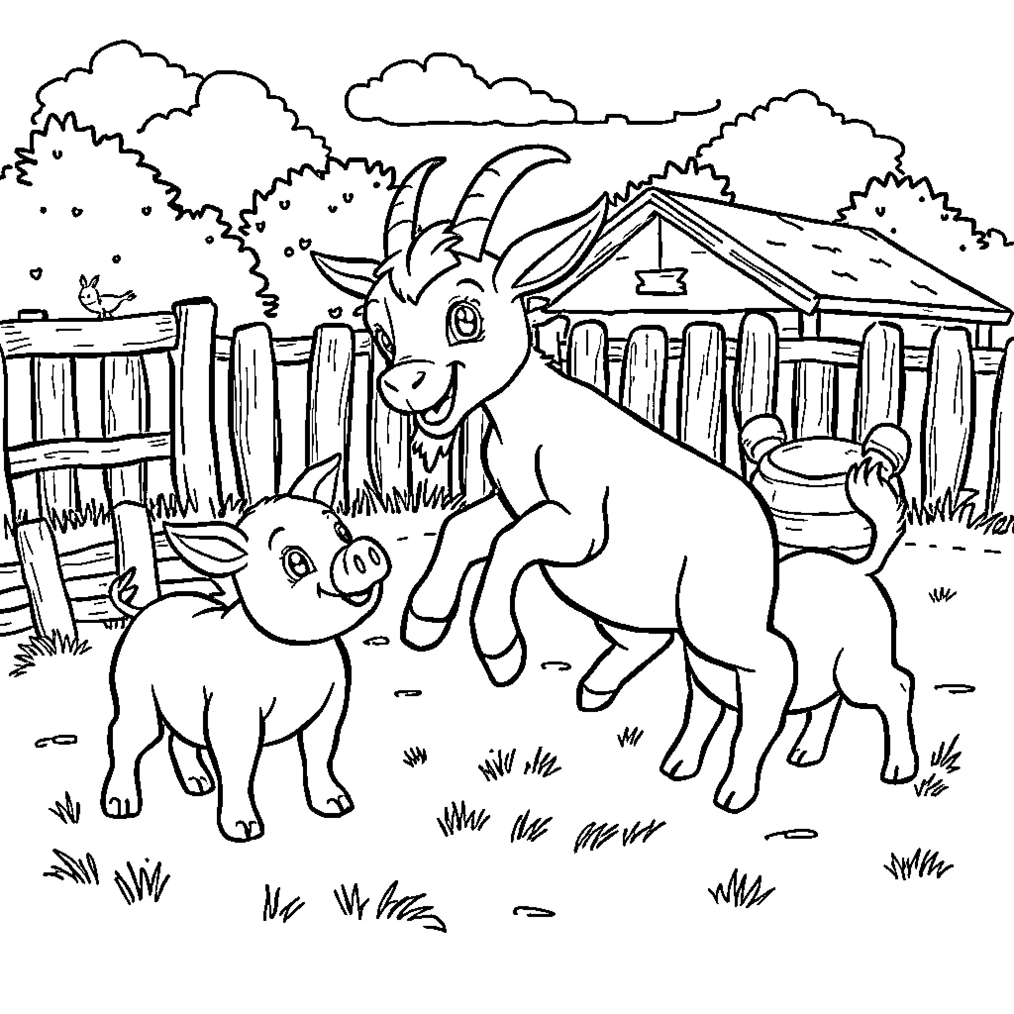 Goats playing together in a rural farmyard Coloring Page (free black-and-white line drawing printable PDF for all, from beginners to advanced learners, including children, teens, adults, and seniors)