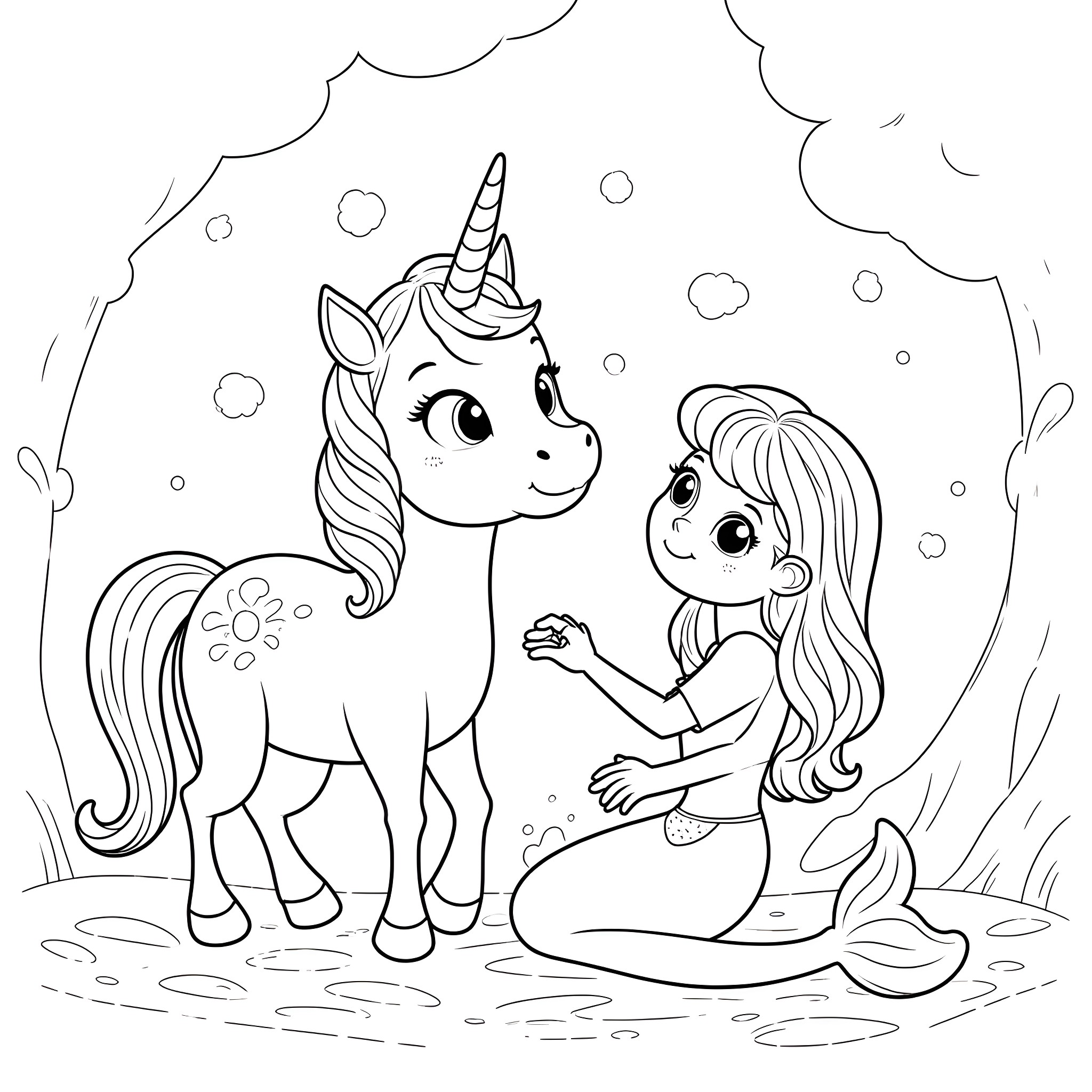 Unicorn and girl playing in magical forest Coloring Page (free black-and-white line drawing printable PDF for all, from beginners to advanced learners, including children, teens, adults, and seniors)