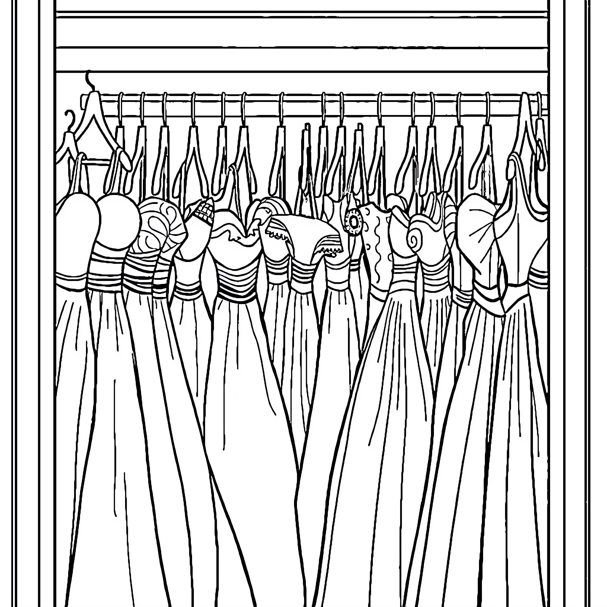Princess in a Wardrobe of Elegant Gowns Coloring Page (free black-and-white line drawing printable PDF for all, from beginners to advanced learners, including children, teens, adults, and seniors)