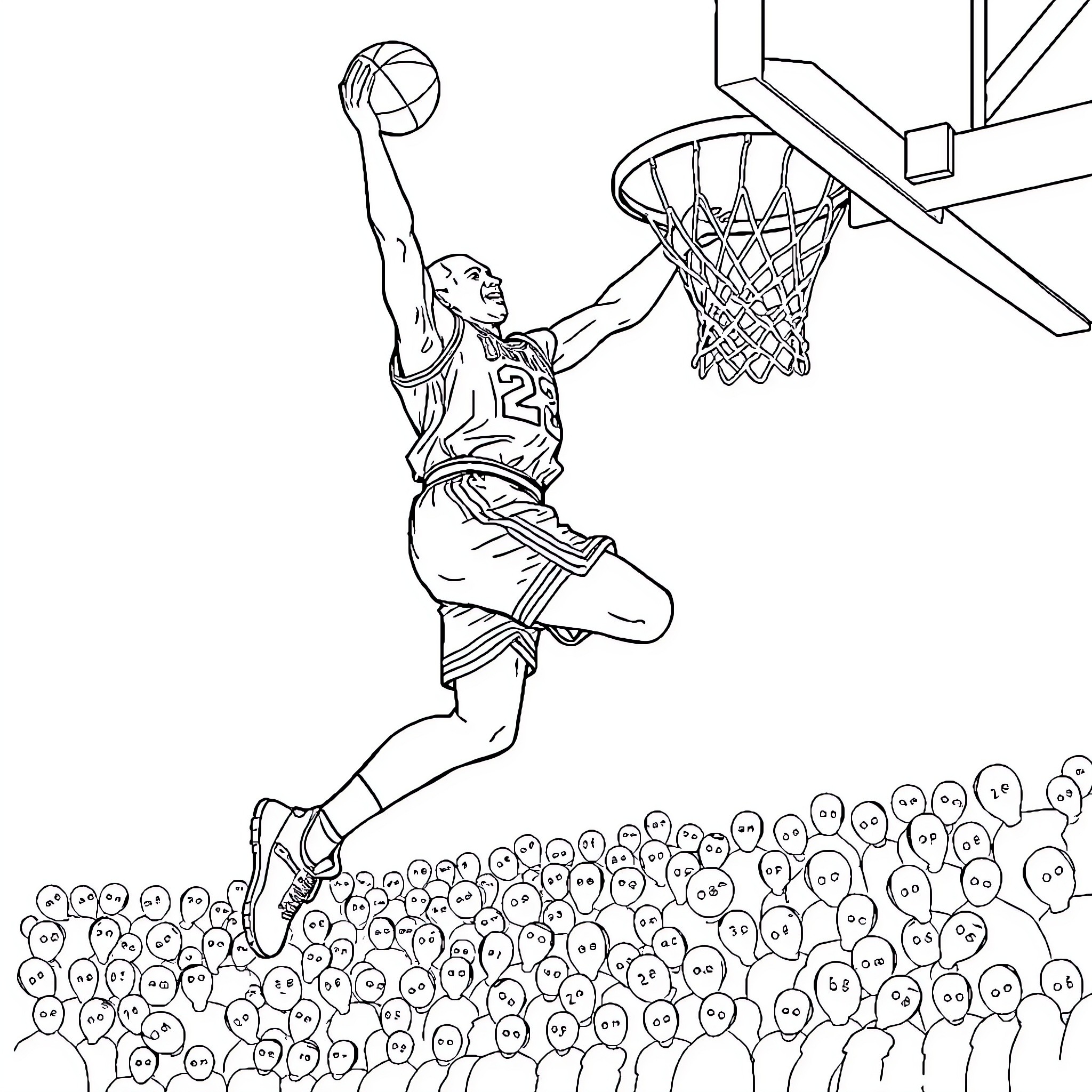 Michael Jordan dunking over a crowd Coloring Page (free black-and-white line drawing printable PDF for all, from beginners to advanced learners, including children, teens, adults, and seniors)