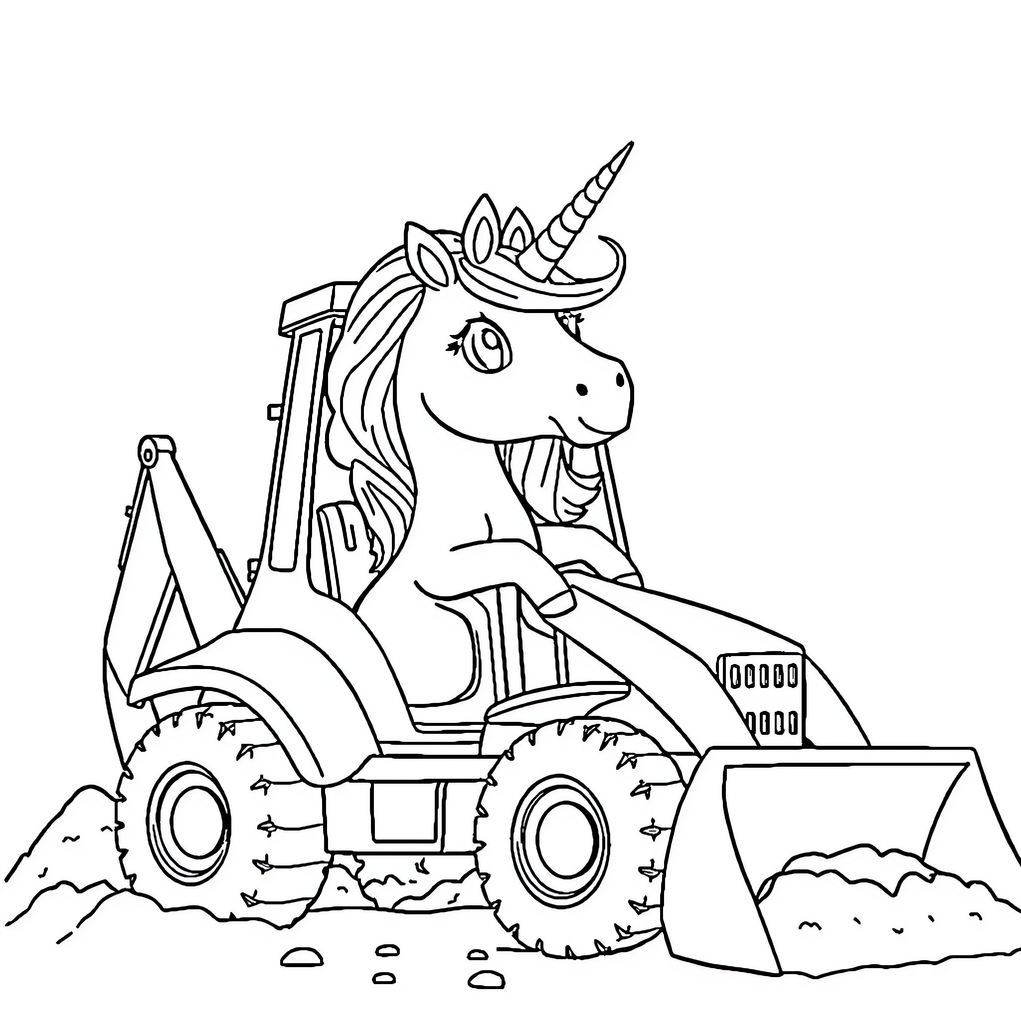 Unicorn operating a construction vehicle Coloring Page (free black-and-white line drawing printable PDF for all, from beginners to advanced learners, including children, teens, adults, and seniors)