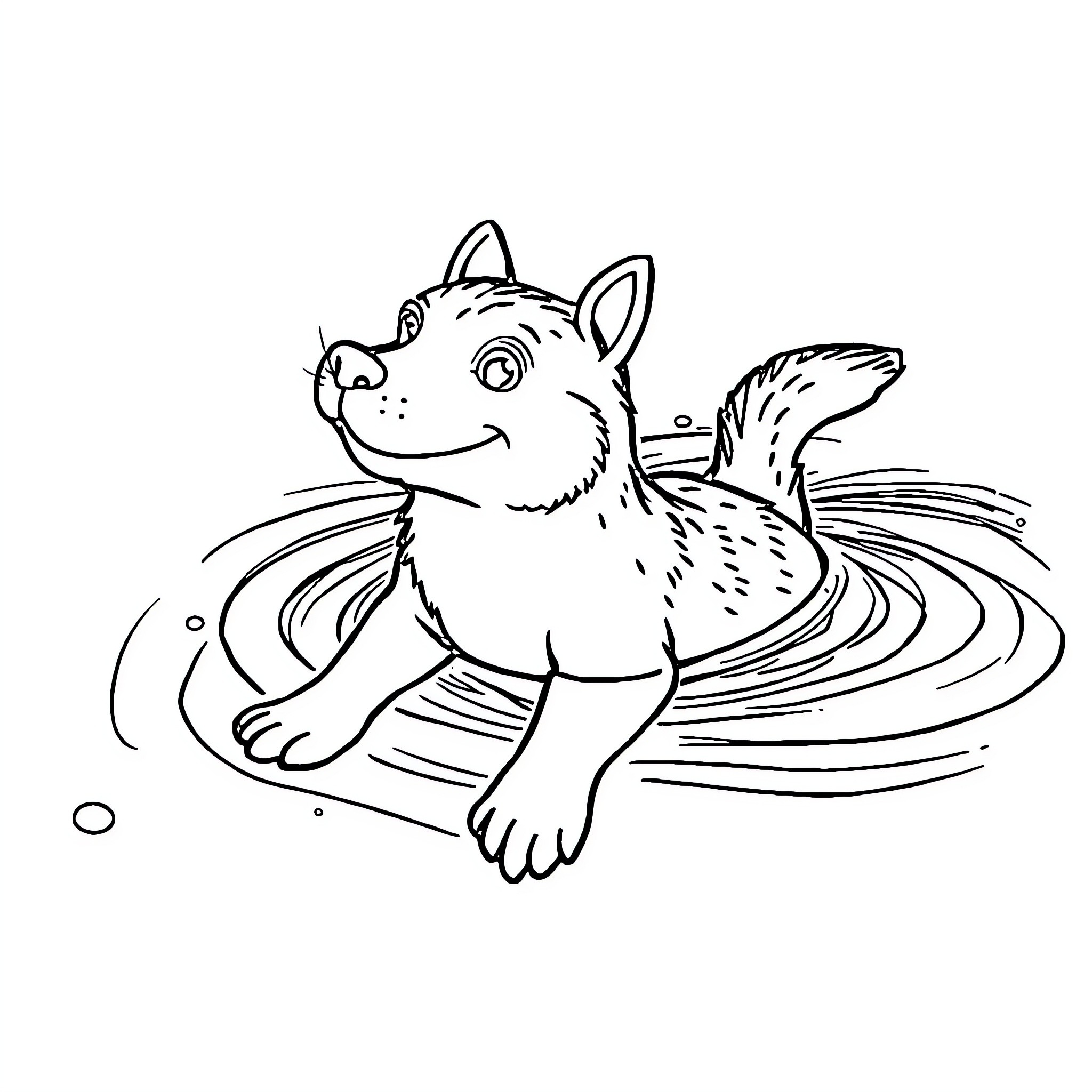 Dog playing joyfully in a pool Coloring Page (free black-and-white line drawing printable PDF for all, from beginners to advanced learners, including children, teens, adults, and seniors)