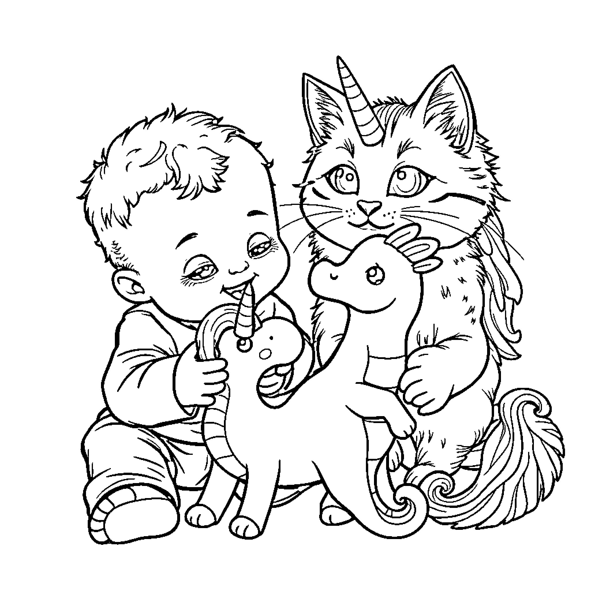 Baby playing with unicorn cat toy Coloring Page (free black-and-white line drawing printable PDF for all, from beginners to advanced learners, including children, teens, adults, and seniors)