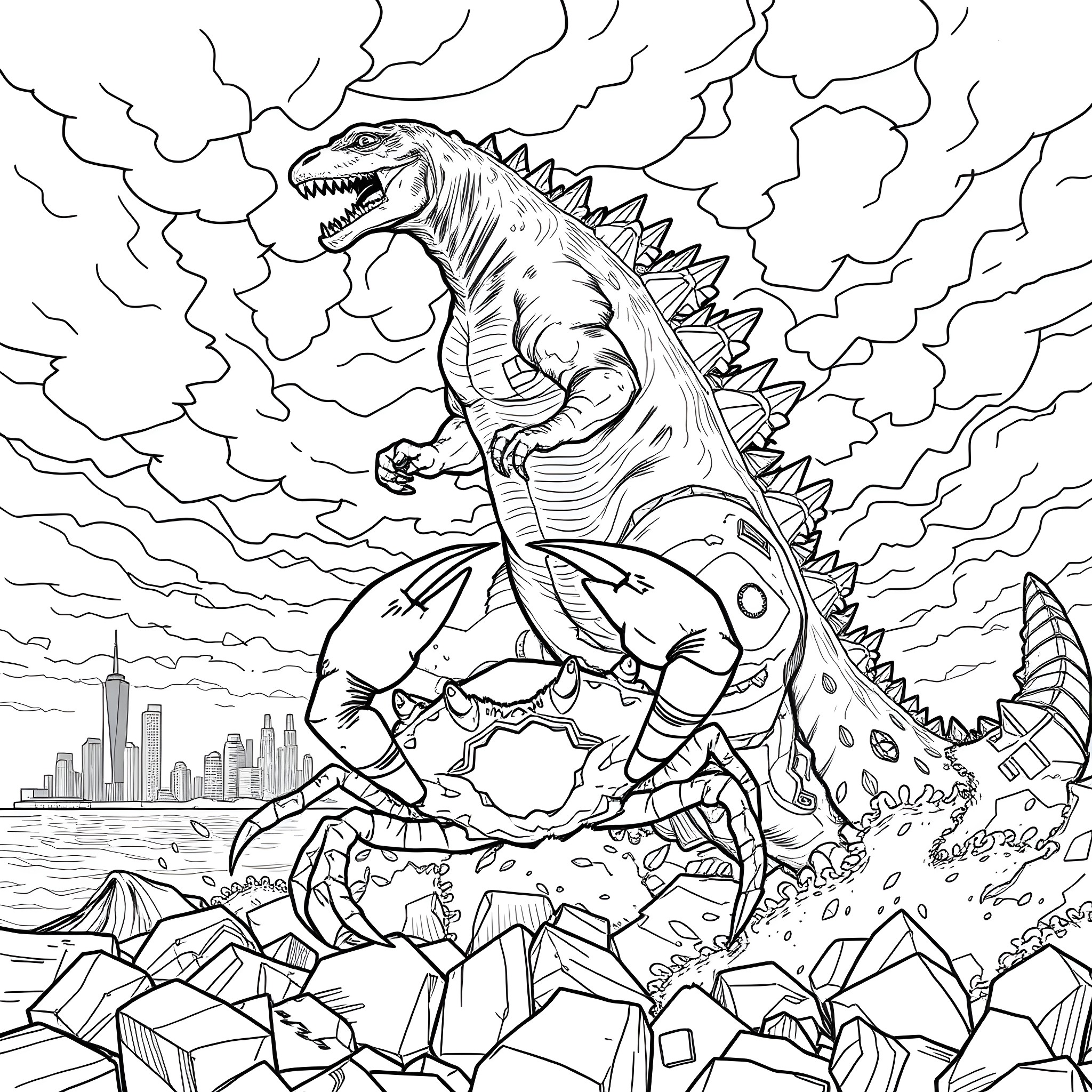 Godzilla Unleashes Destruction in the City Coloring Page (free black-and-white line drawing printable PDF for all, from beginners to advanced learners, including children, teens, adults, and seniors)