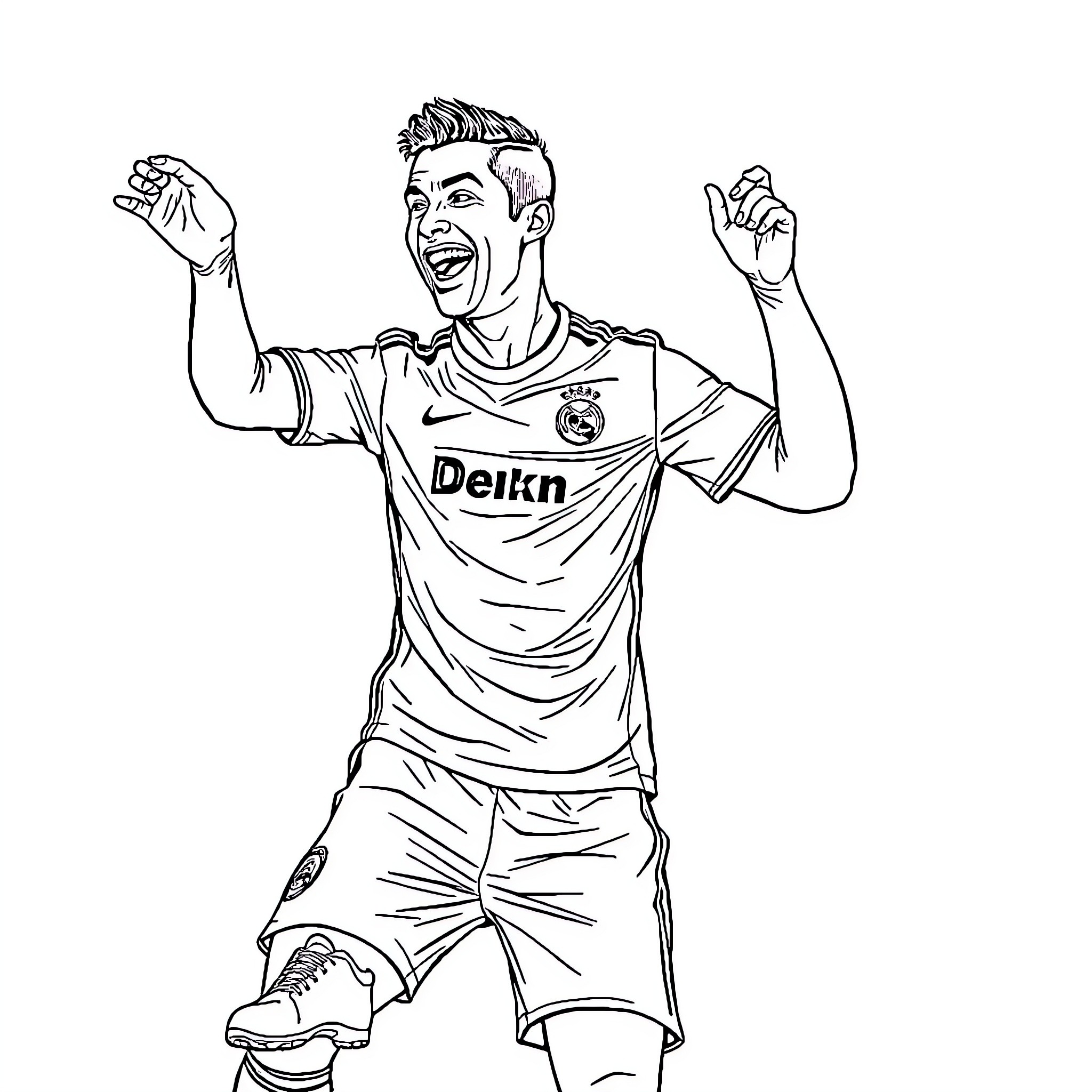 Cristiano Ronaldo celebrating a goal in soccer jersey Coloring Page (free black-and-white line drawing printable PDF for all, from beginners to advanced learners, including children, teens, adults, and seniors)