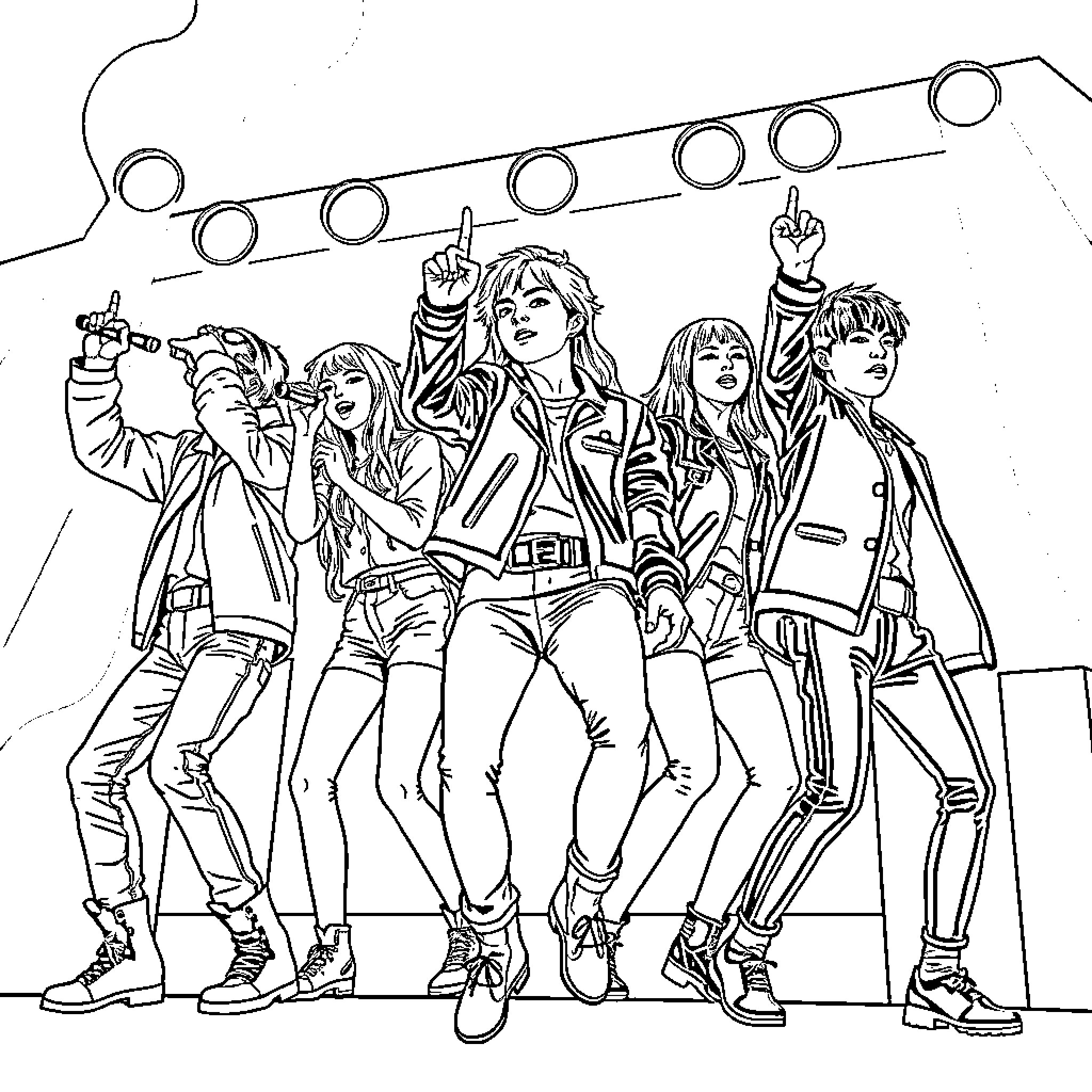 K Pop Group Performing on Stage Coloring Page (free black-and-white line drawing printable PDF for all, from beginners to advanced learners, including children, teens, adults, and seniors)