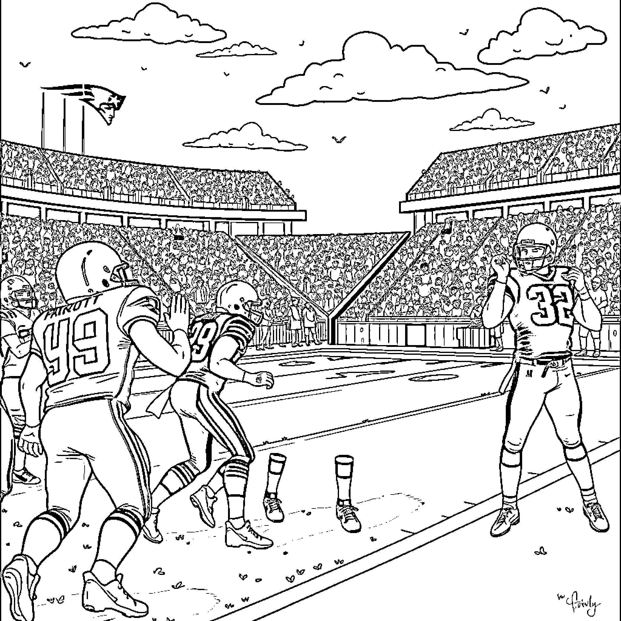 Football game in a crowded stadium Coloring Page (free black-and-white line drawing printable PDF for all, from beginners to advanced learners, including children, teens, adults, and seniors)