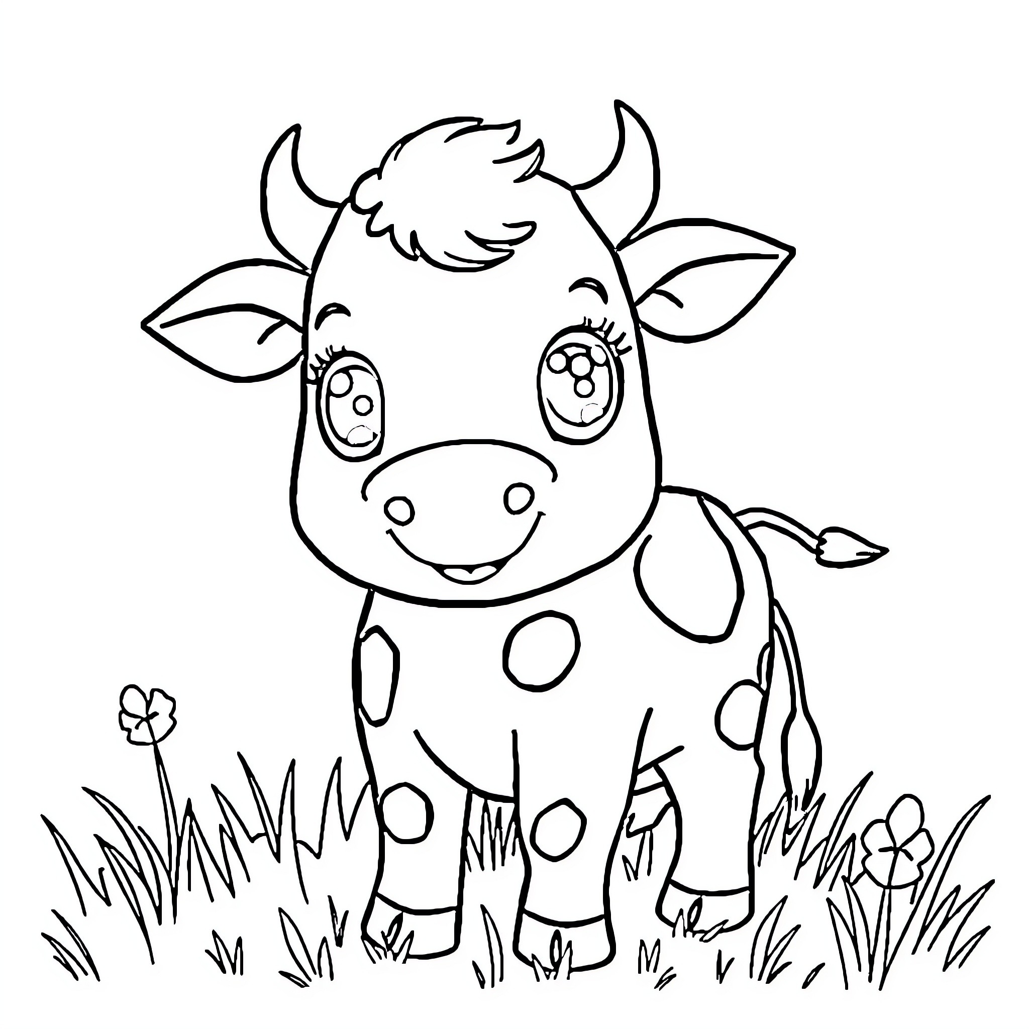 Cow playing cheerfully in the meadow Coloring Page (free black-and-white line drawing printable PDF for all, from beginners to advanced learners, including children, teens, adults, and seniors)