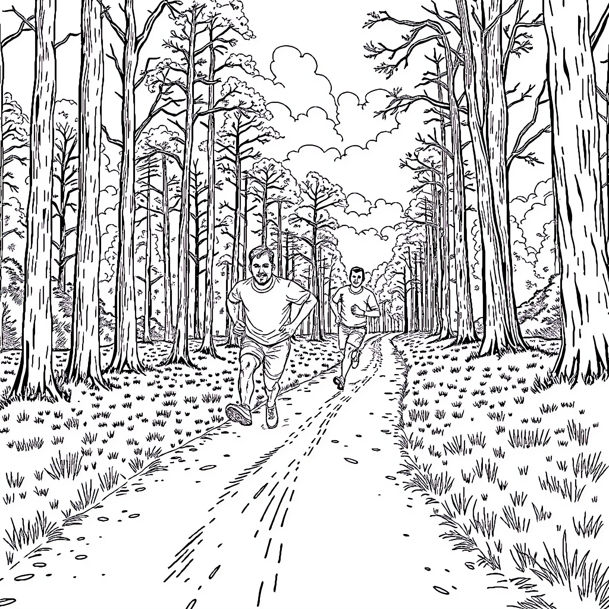 Man running with companion on forest trail Coloring Page (free black-and-white line drawing printable PDF for all, from beginners to advanced learners, including children, teens, adults, and seniors)