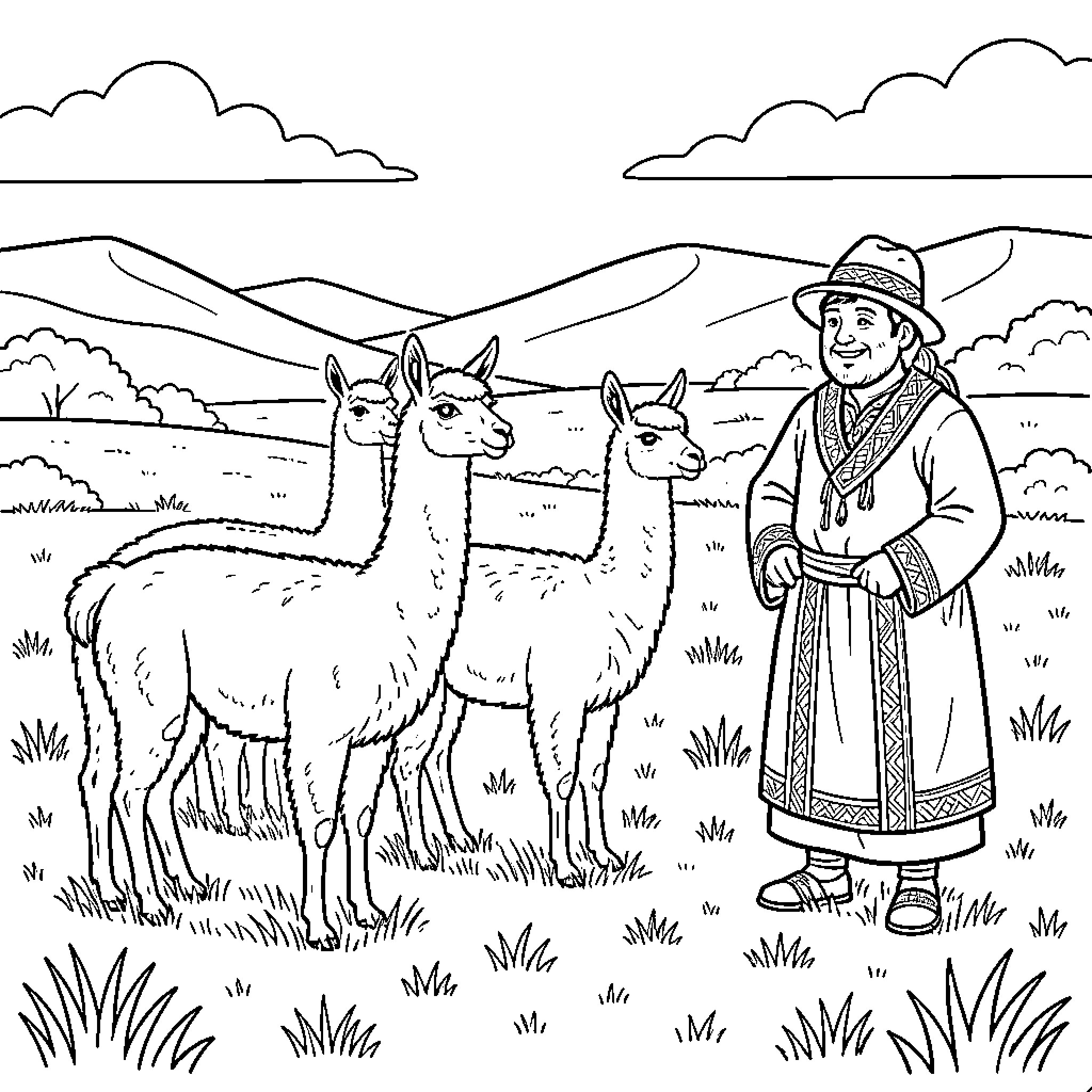 Llama and herder in the Andes landscape Coloring Page (free black-and-white line drawing printable PDF for all, from beginners to advanced learners, including children, teens, adults, and seniors)