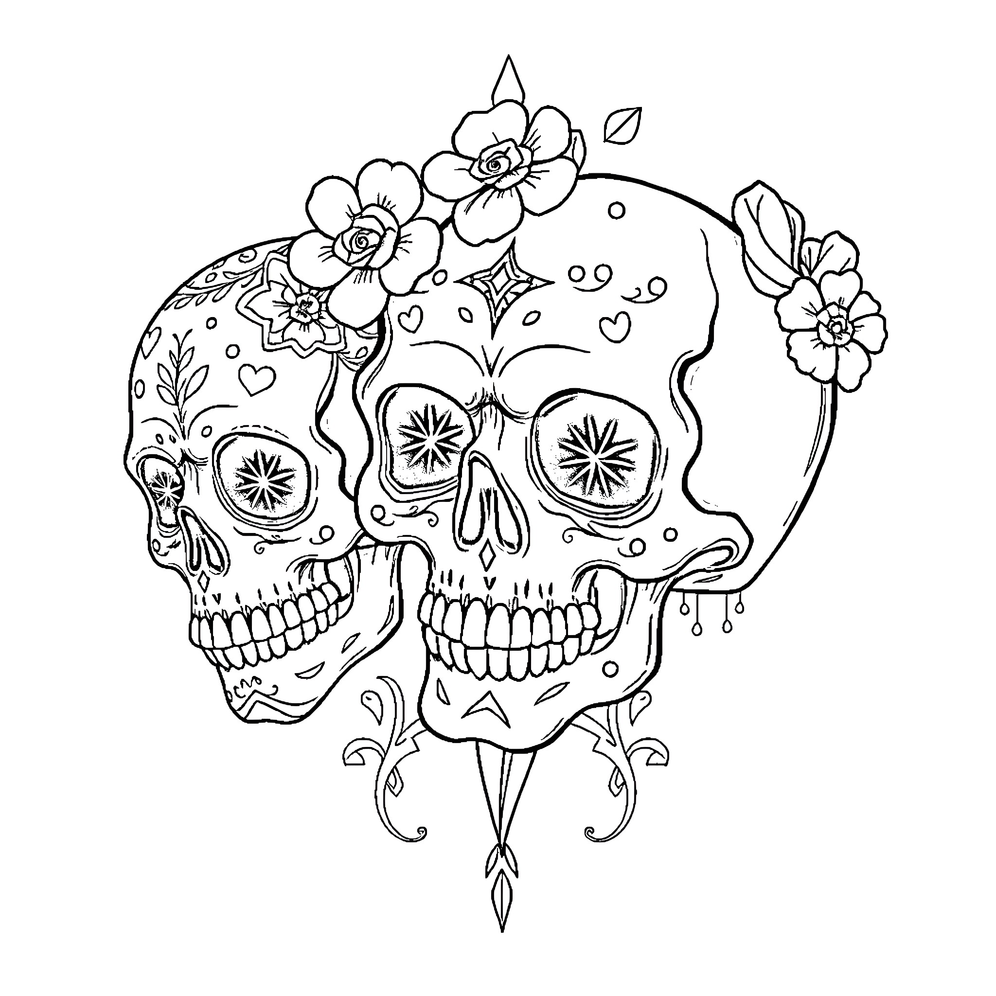 Skull adorned with floral patterns and designs Coloring Page (free black-and-white line drawing printable PDF for all, from beginners to advanced learners, including children, teens, adults, and seniors)