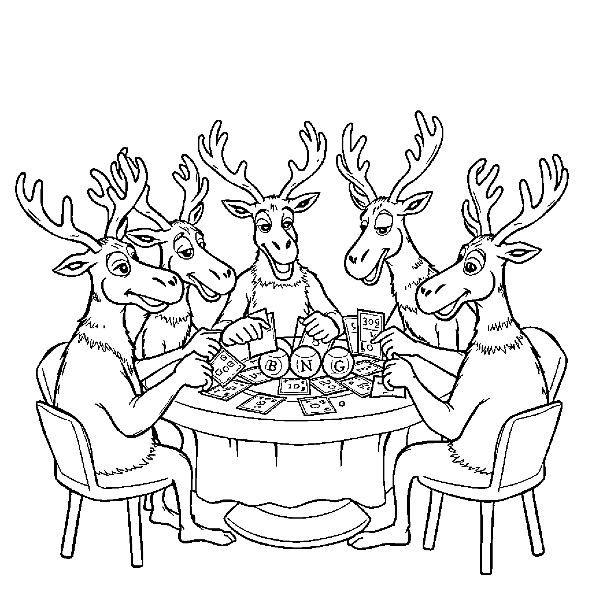 Elk playing Bingo together at the table Coloring Page (free black-and-white line drawing printable PDF for all, from beginners to advanced learners, including children, teens, adults, and seniors)